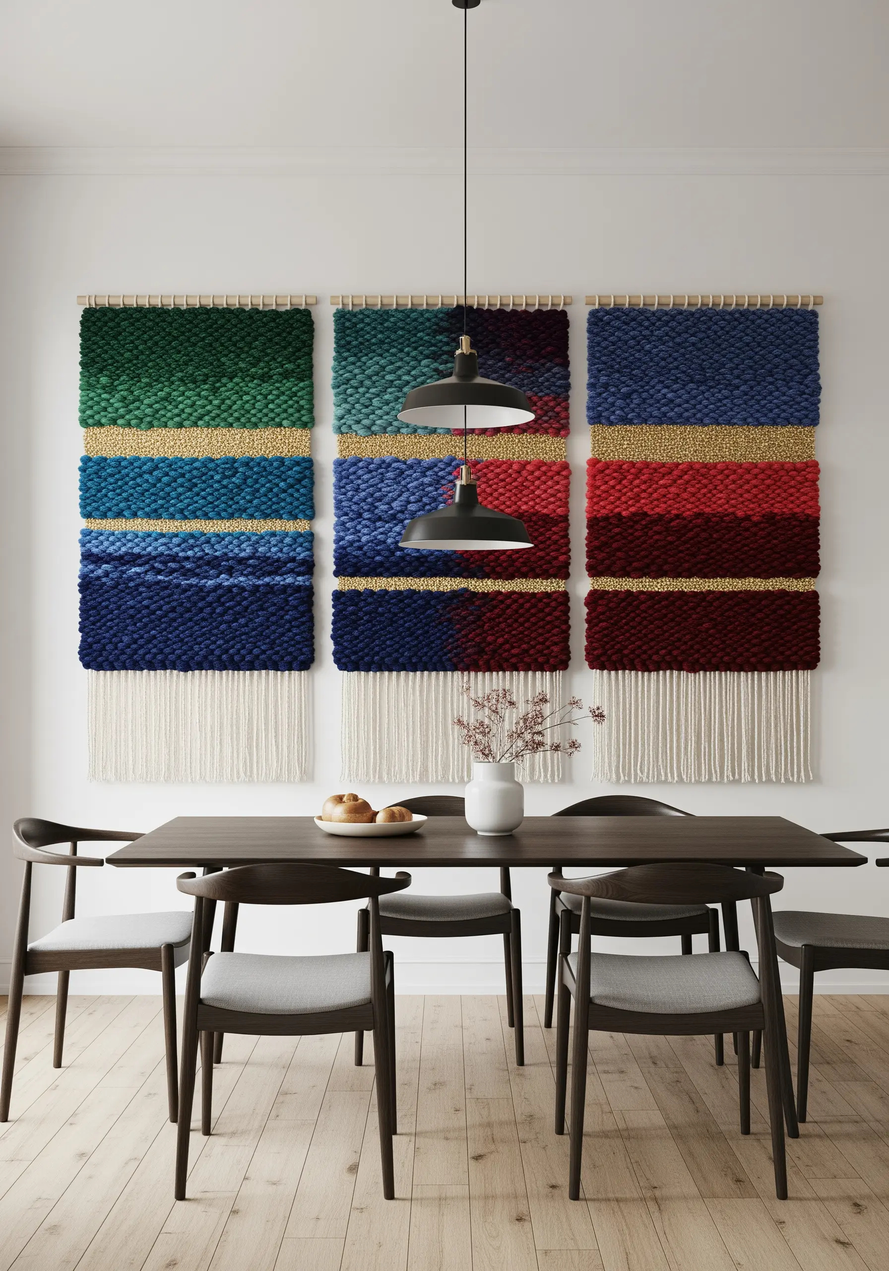 A triptych of woven wall hangings with bold color blocks and a unifying gold accent.