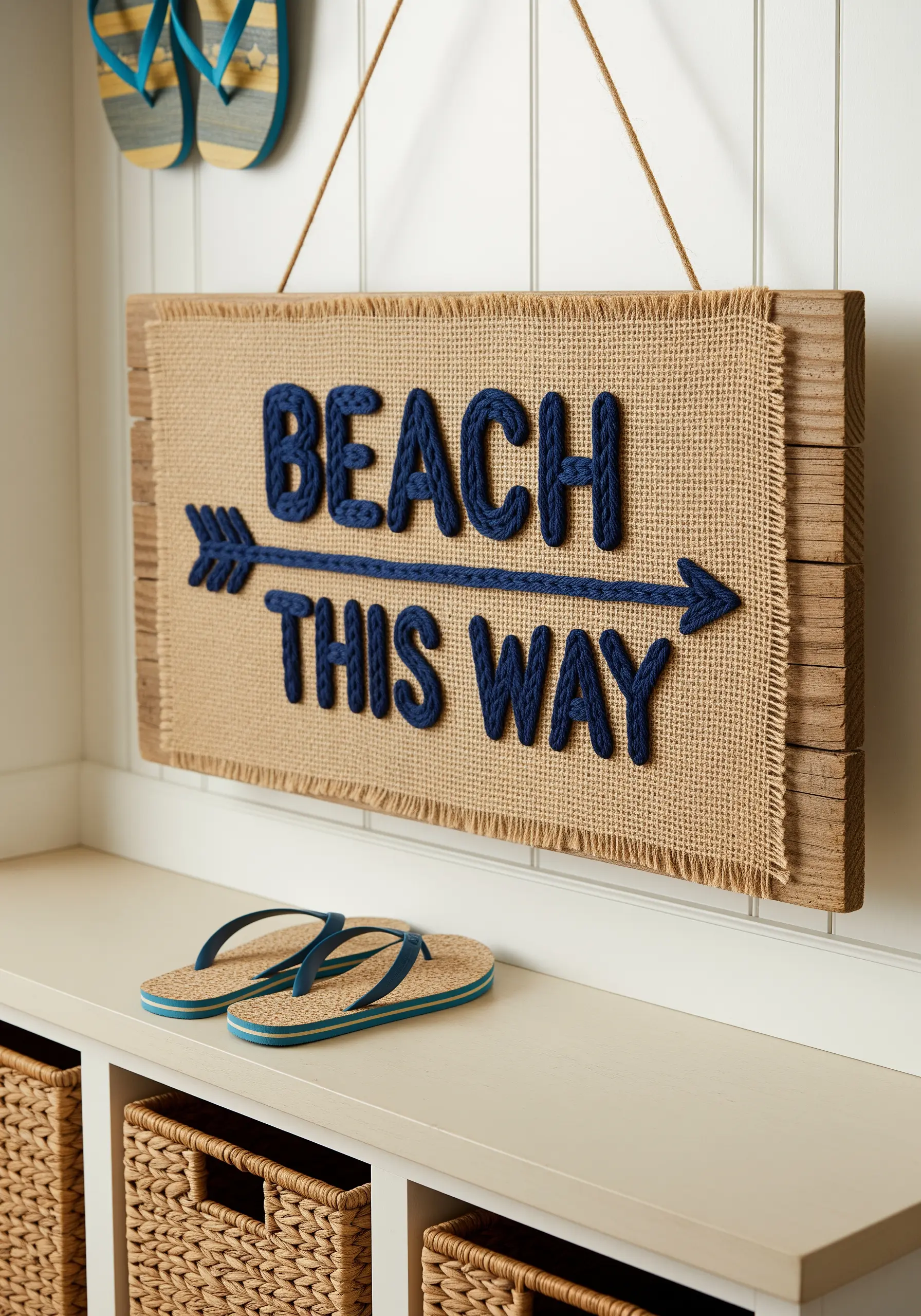 A rustic beach sign with raised navy blue embroidered text on a burlap-covered wood plank.