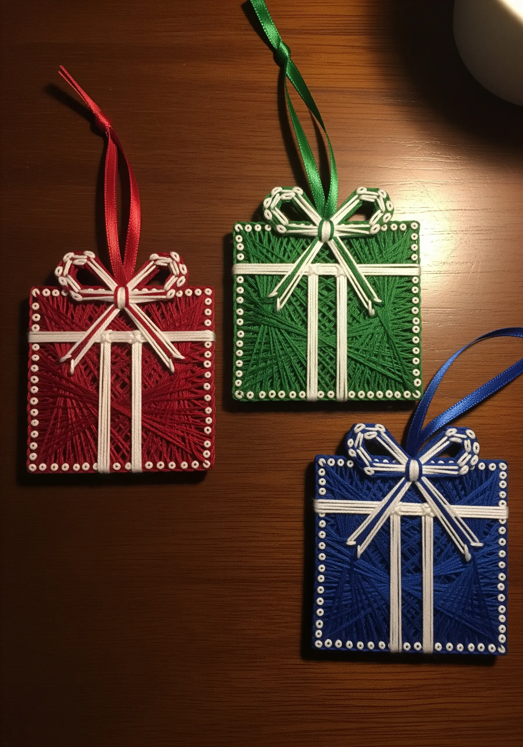 A set of three string art gift box ornaments in red, green, and blue.