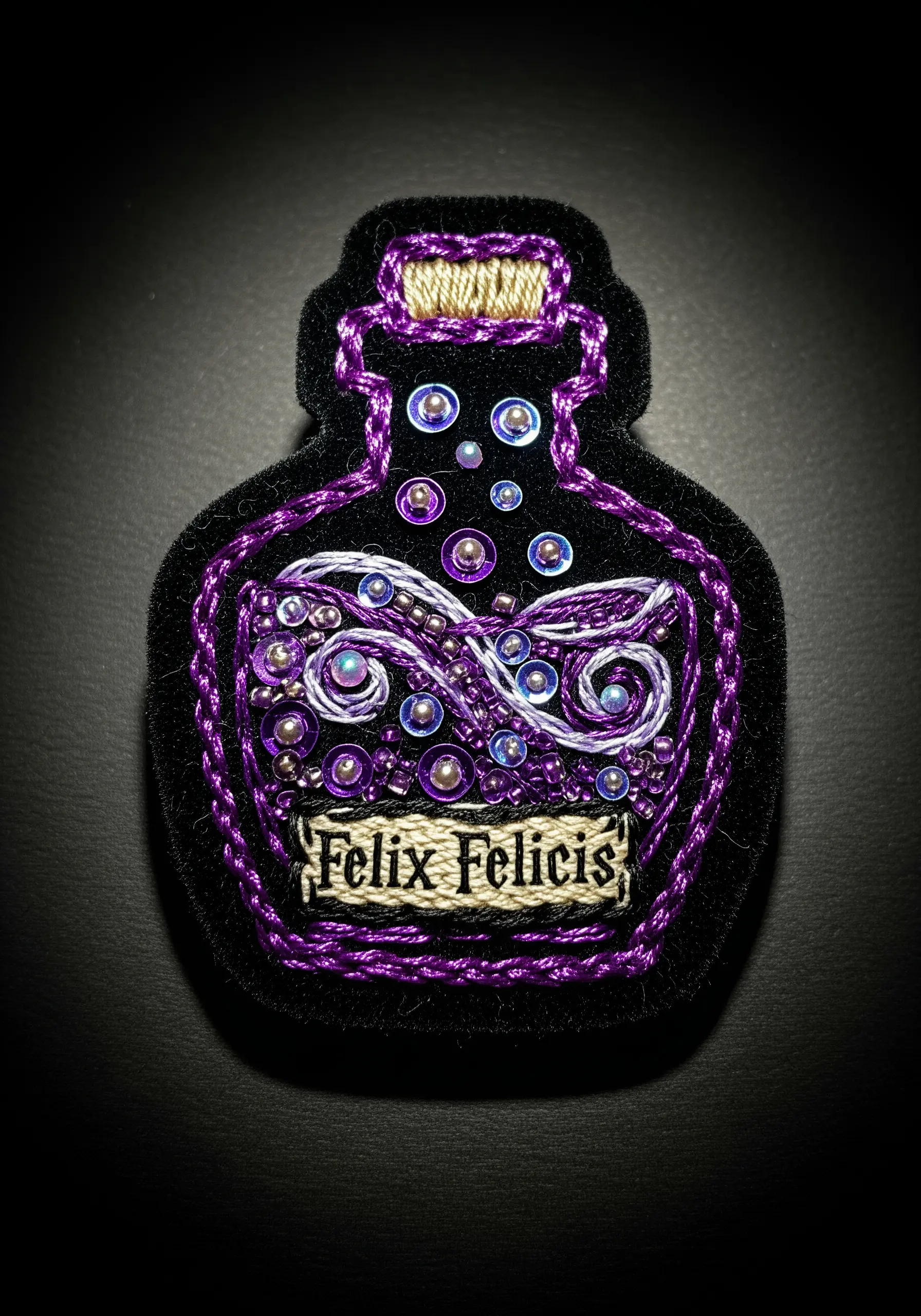 A black felt patch of a purple potion bottle, embellished with beads, sequins, and thread.