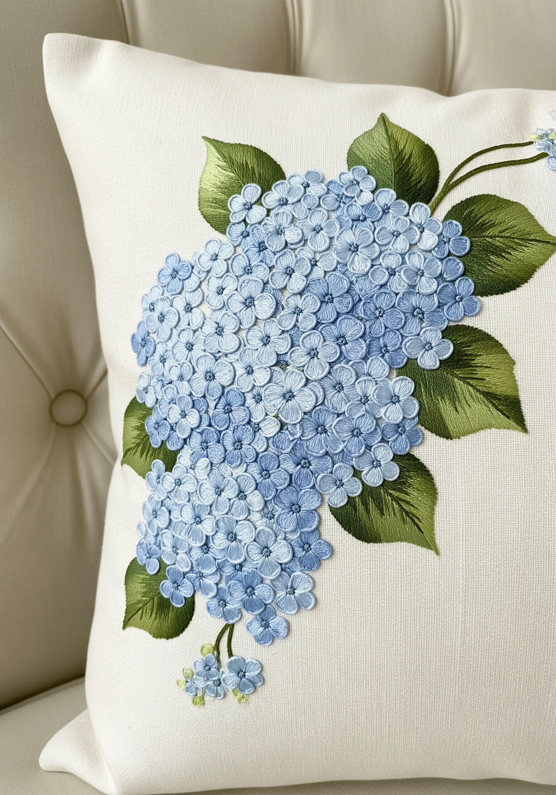 Light blue hydrangea with layered lazy daisy stitches embroidered on a white cushion cover.
