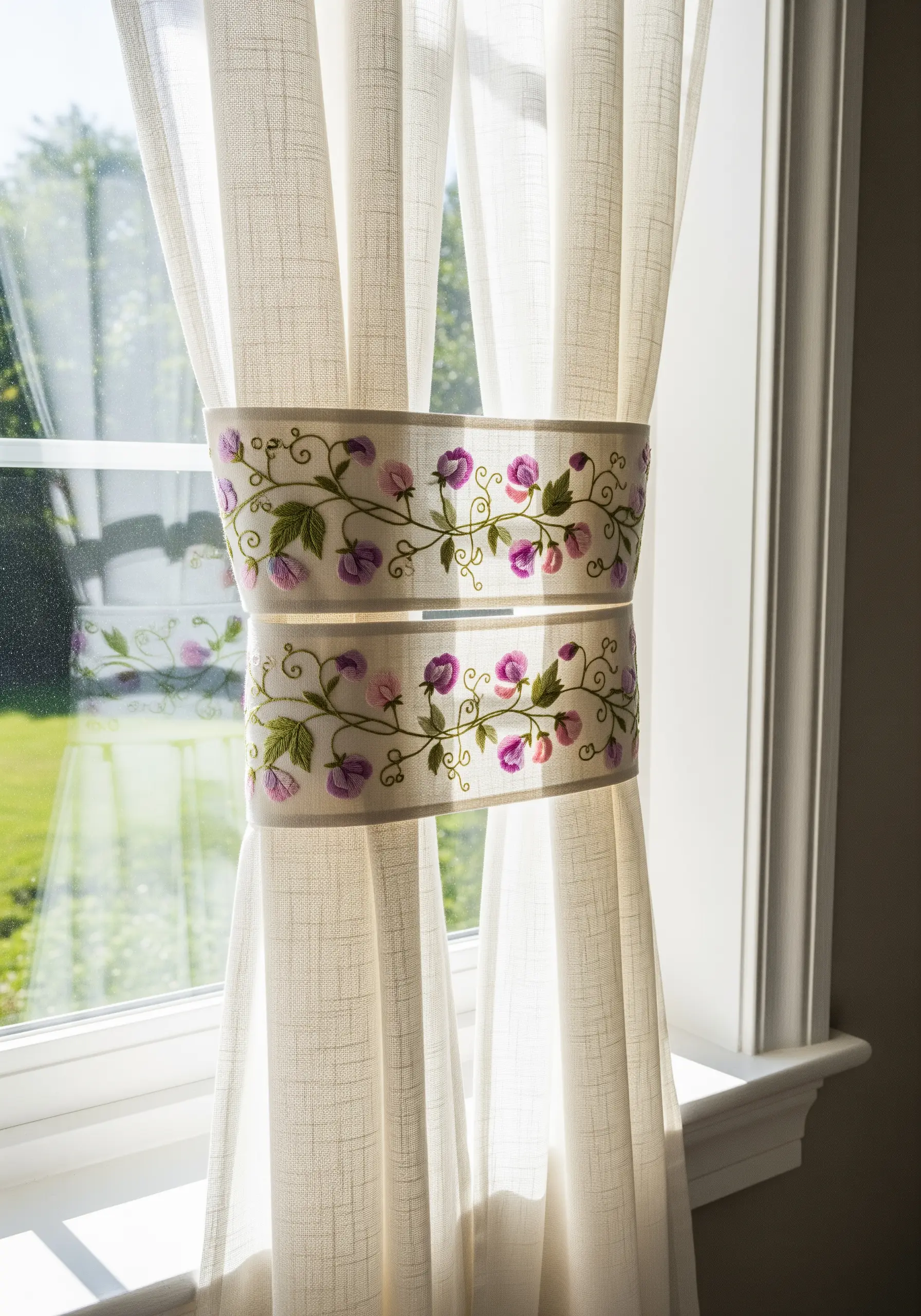A pair of linen curtain tie-backs embroidered with a trailing sweet pea vine.