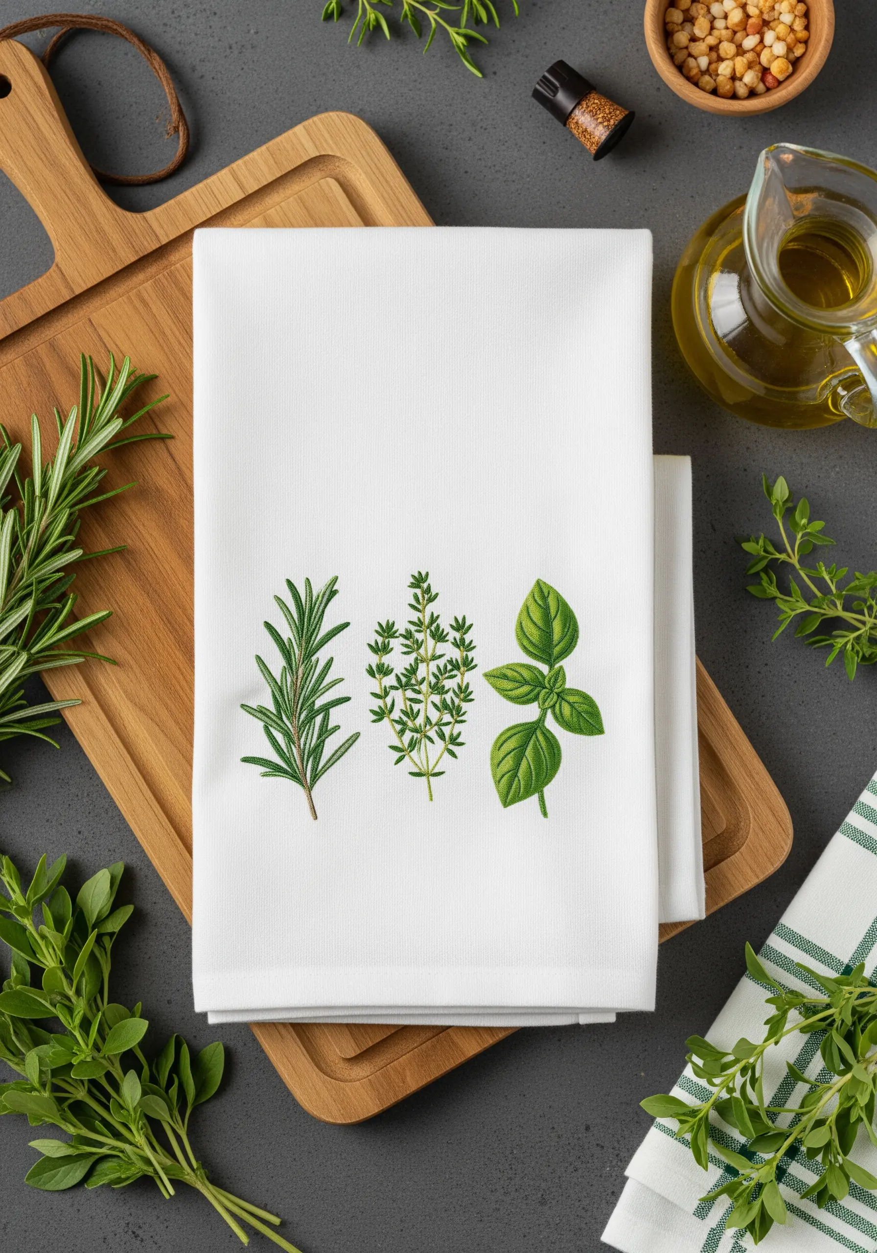 A white kitchen towel embroidered with realistic sprigs of rosemary, thyme, and basil.