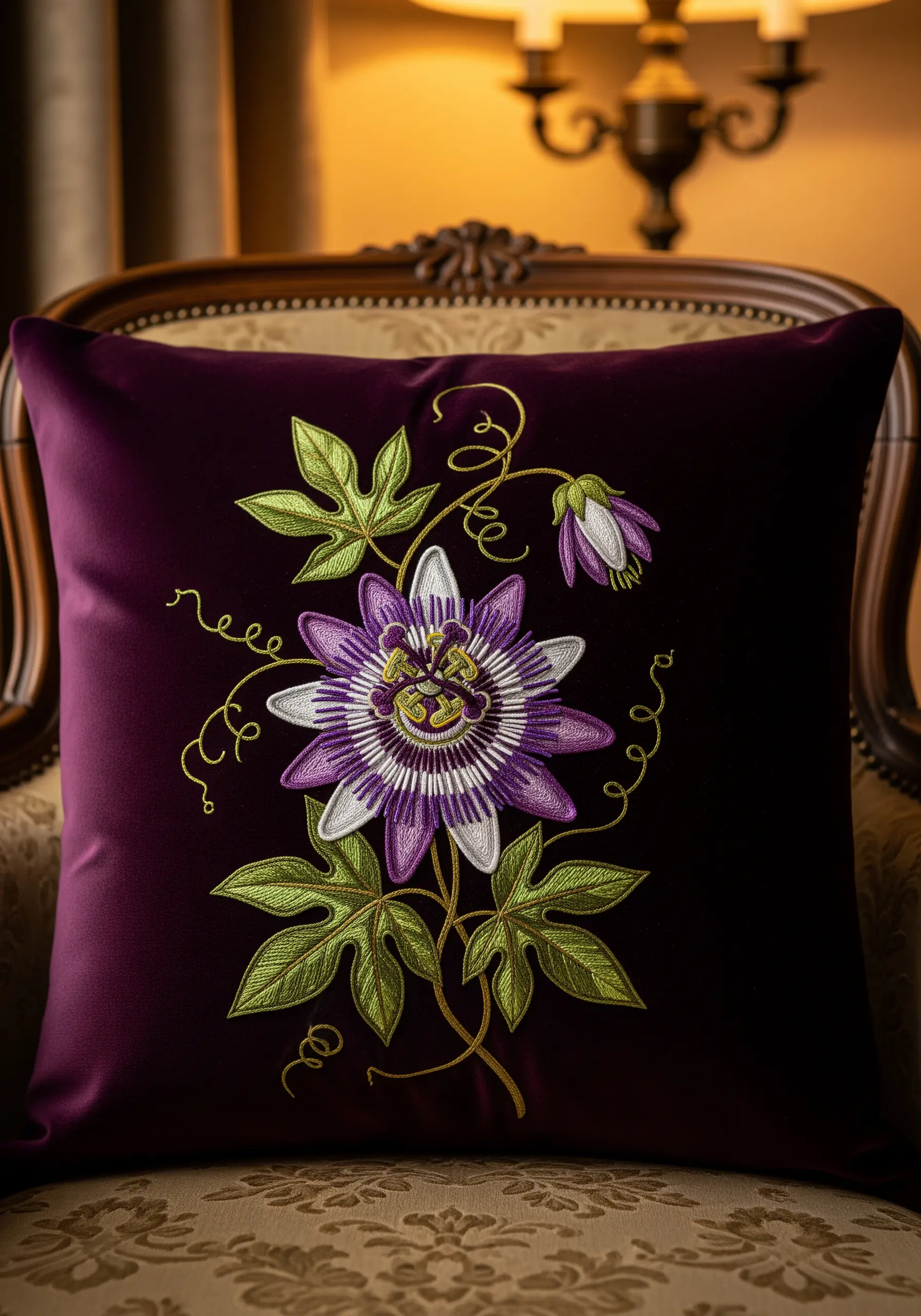 Intricately embroidered purple and white passionflower on a deep plum satin pillow.