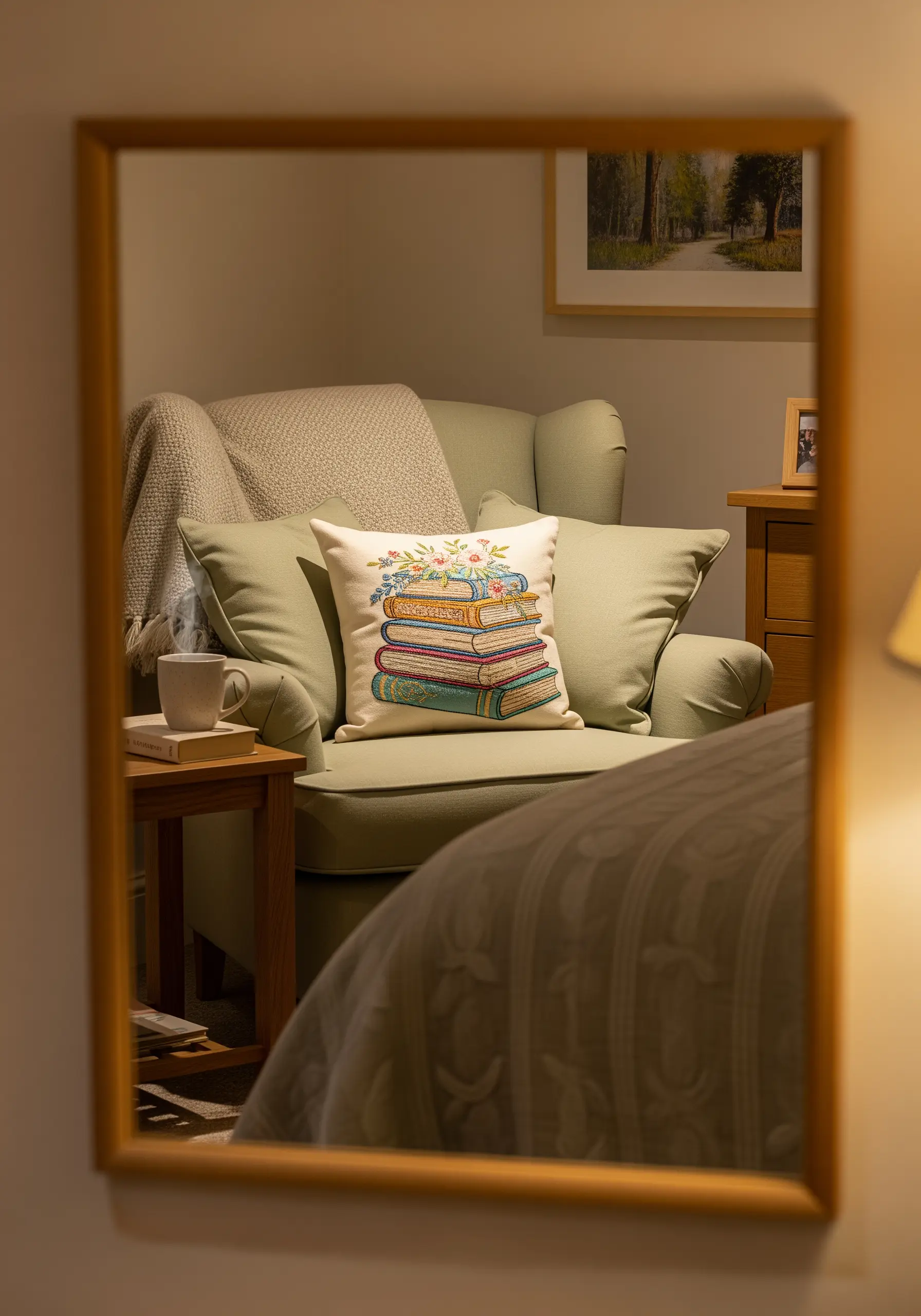 A detailed embroidery of a stack of colorful books topped with flowers on a cream cushion.