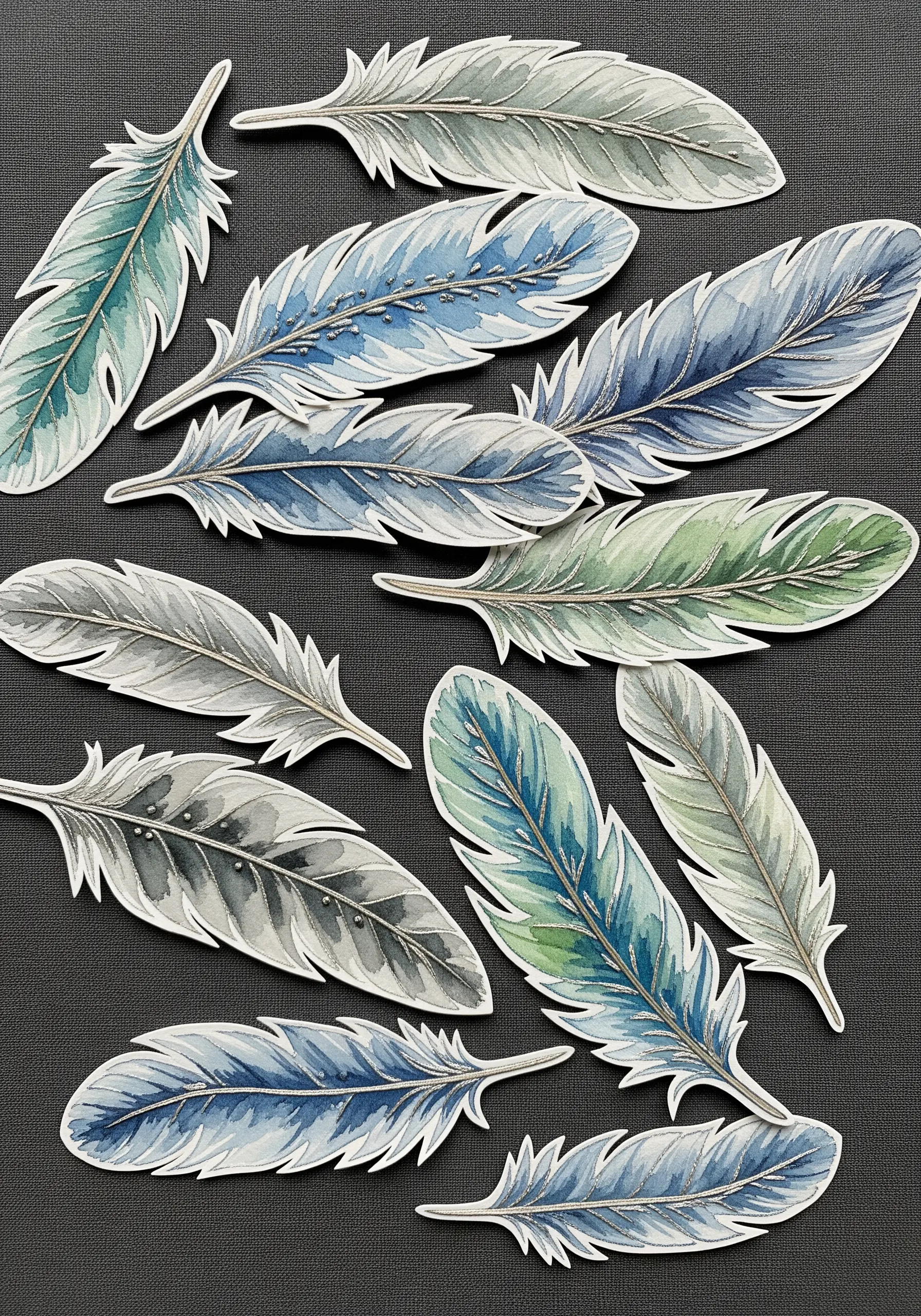 Watercolor-painted paper feathers embellished with fine, stitched center lines.