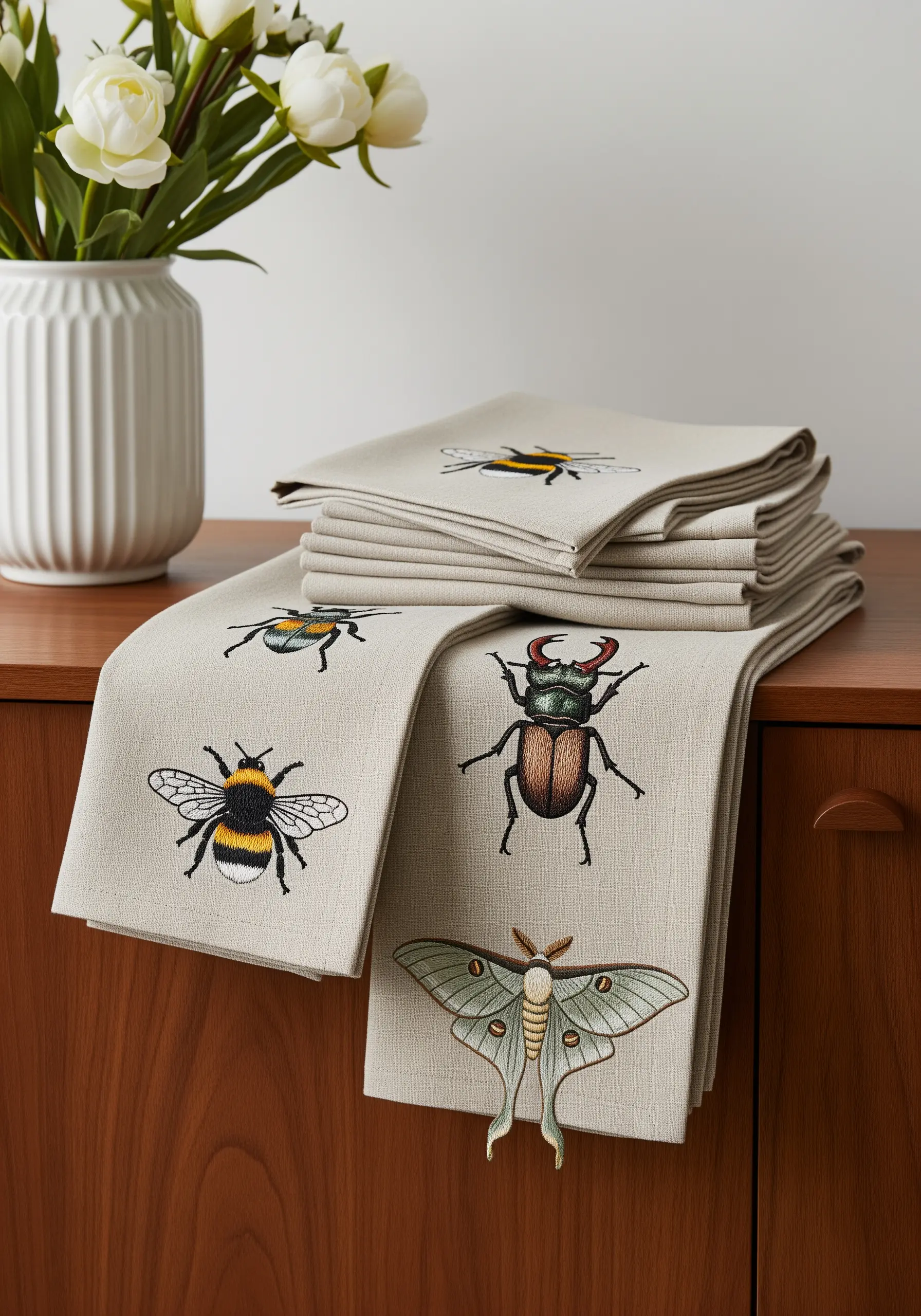 A set of linen napkins embroidered with detailed, colorful insects like a beetle, bee, and moth.
