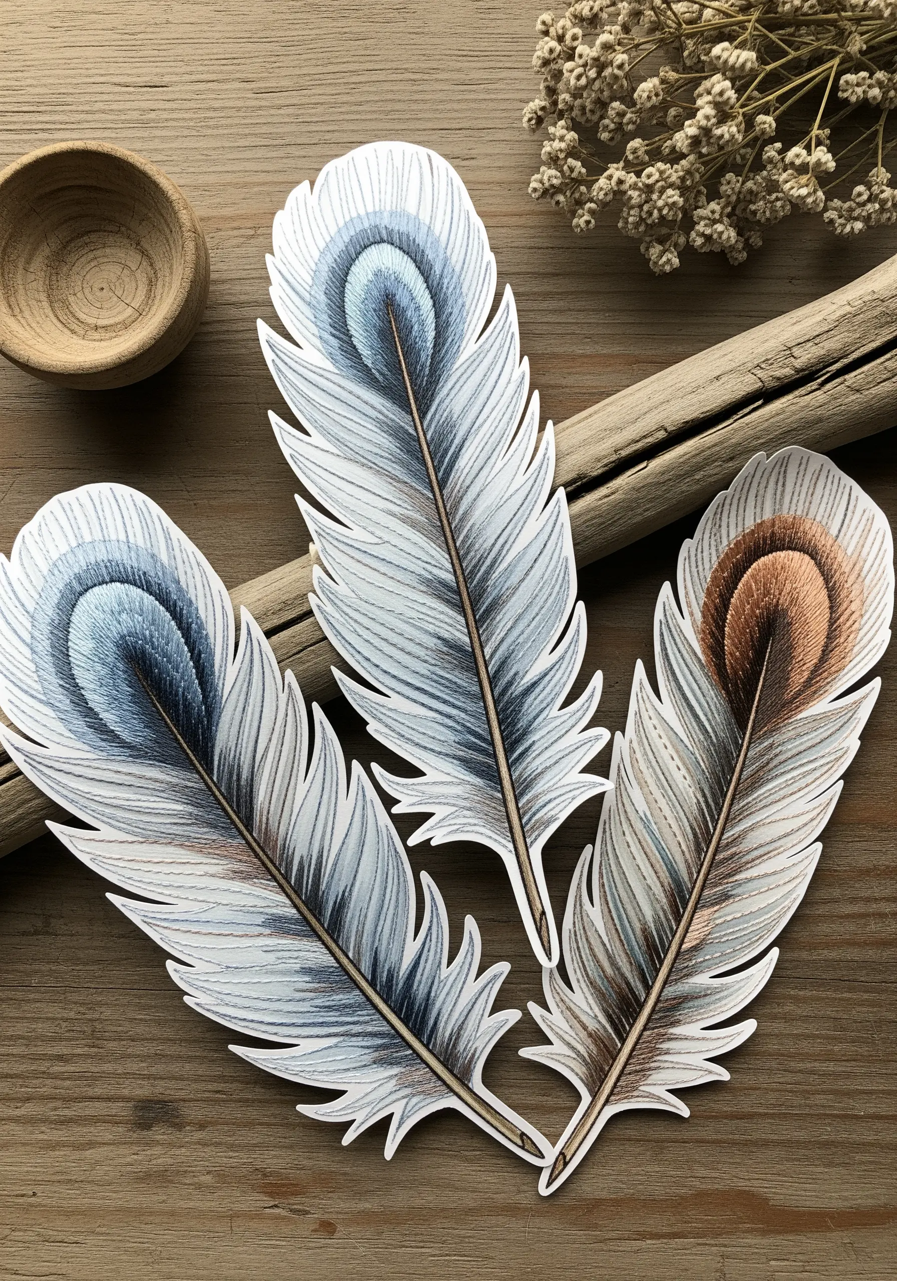 Three paper feathers with detailed embroidery in shades of blue and brown to create texture.