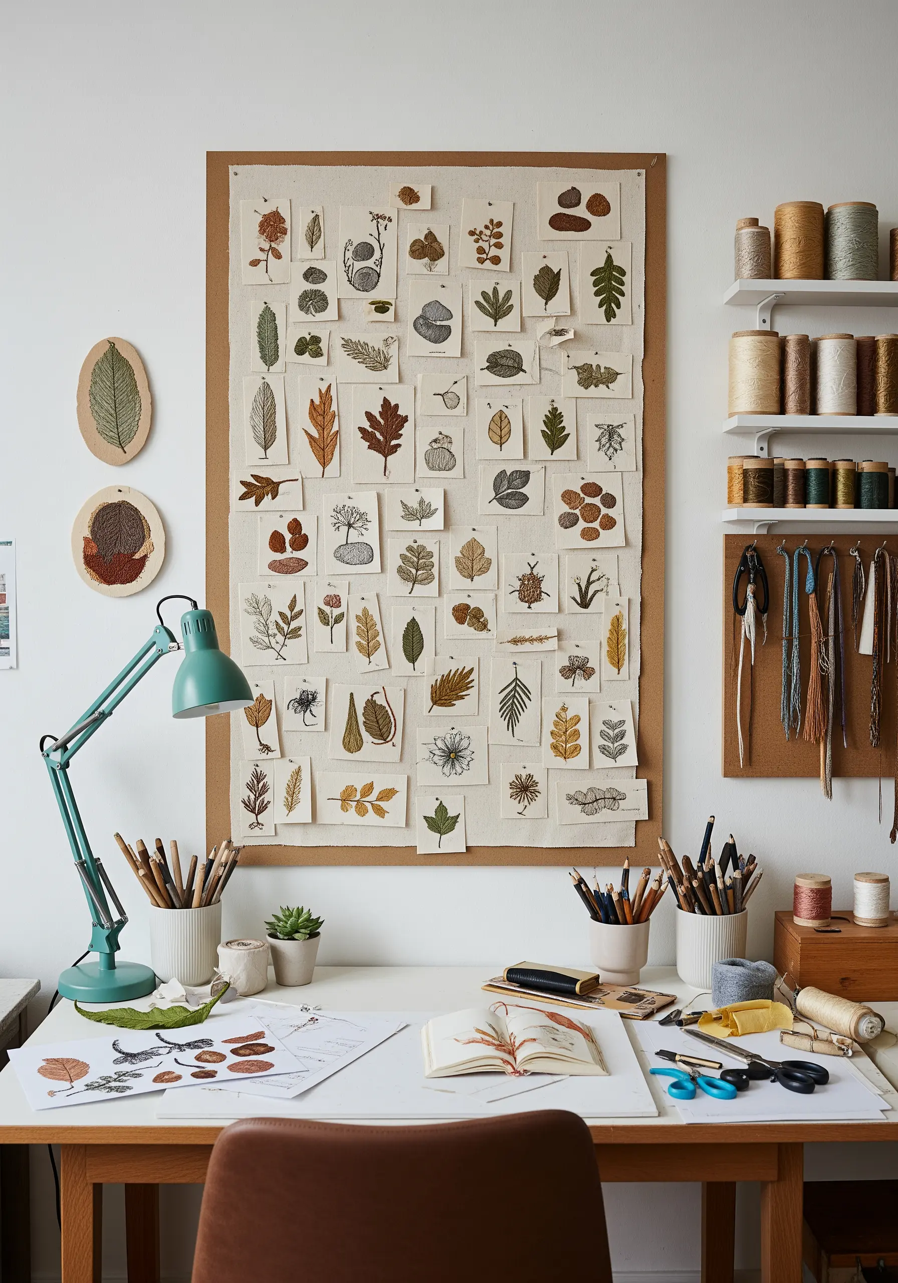 A mood board covered in small embroidered studies of various leaves, seeds, and botanicals