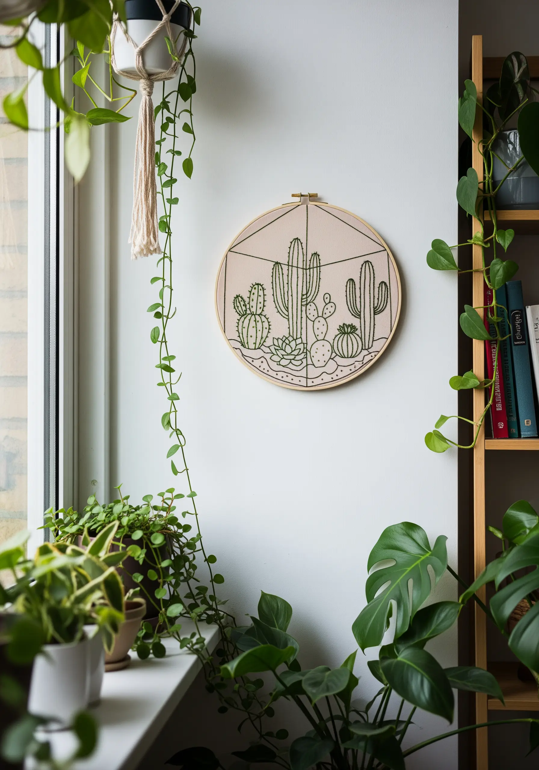 A line art embroidery of a cactus terrarium filled with various succulent types.