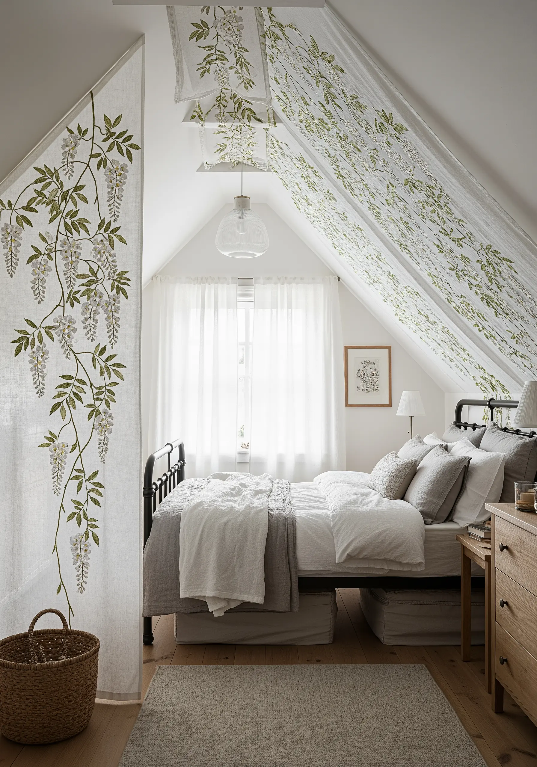 Embroidered wisteria vines on sheer fabric panels in an attic bedroom.