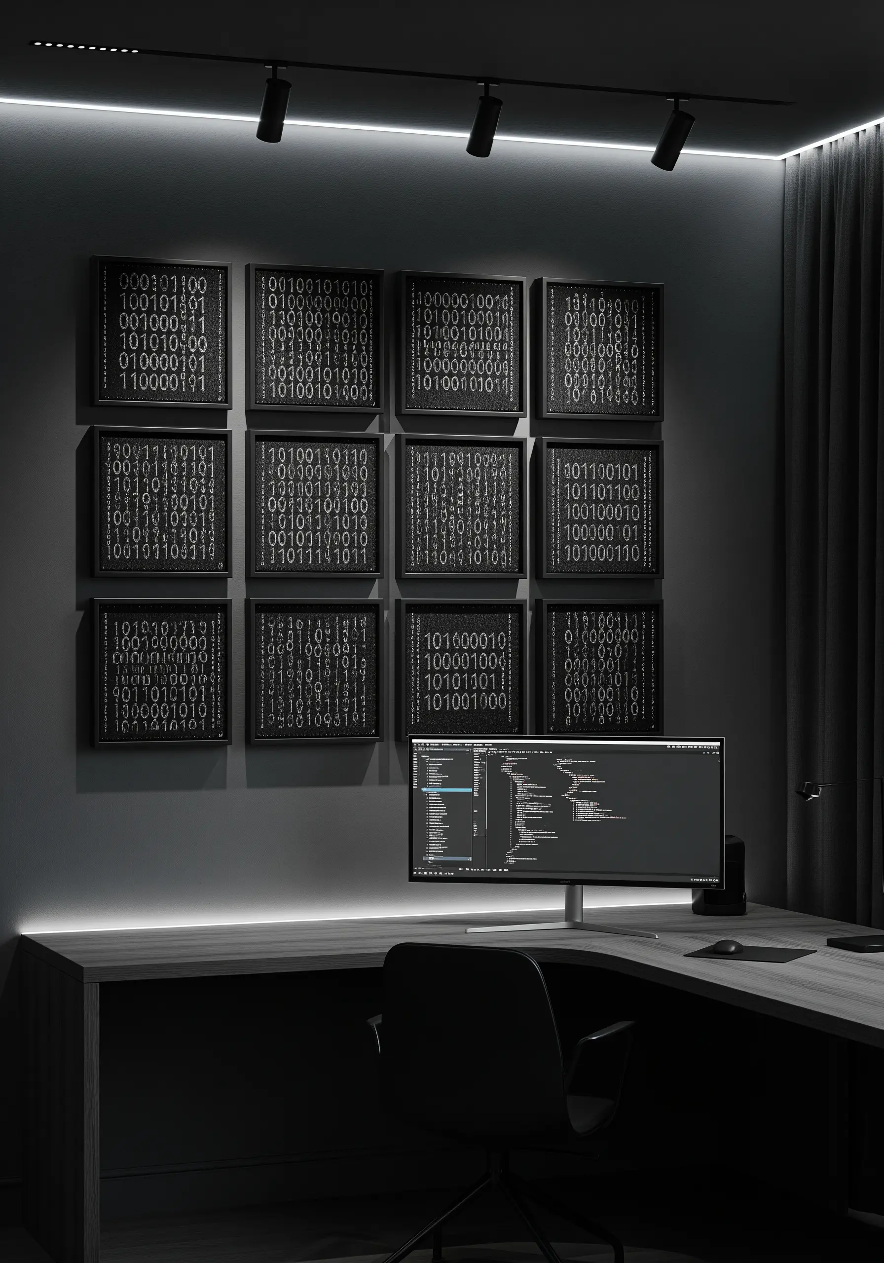 Binary code number embroidery on dark square frames