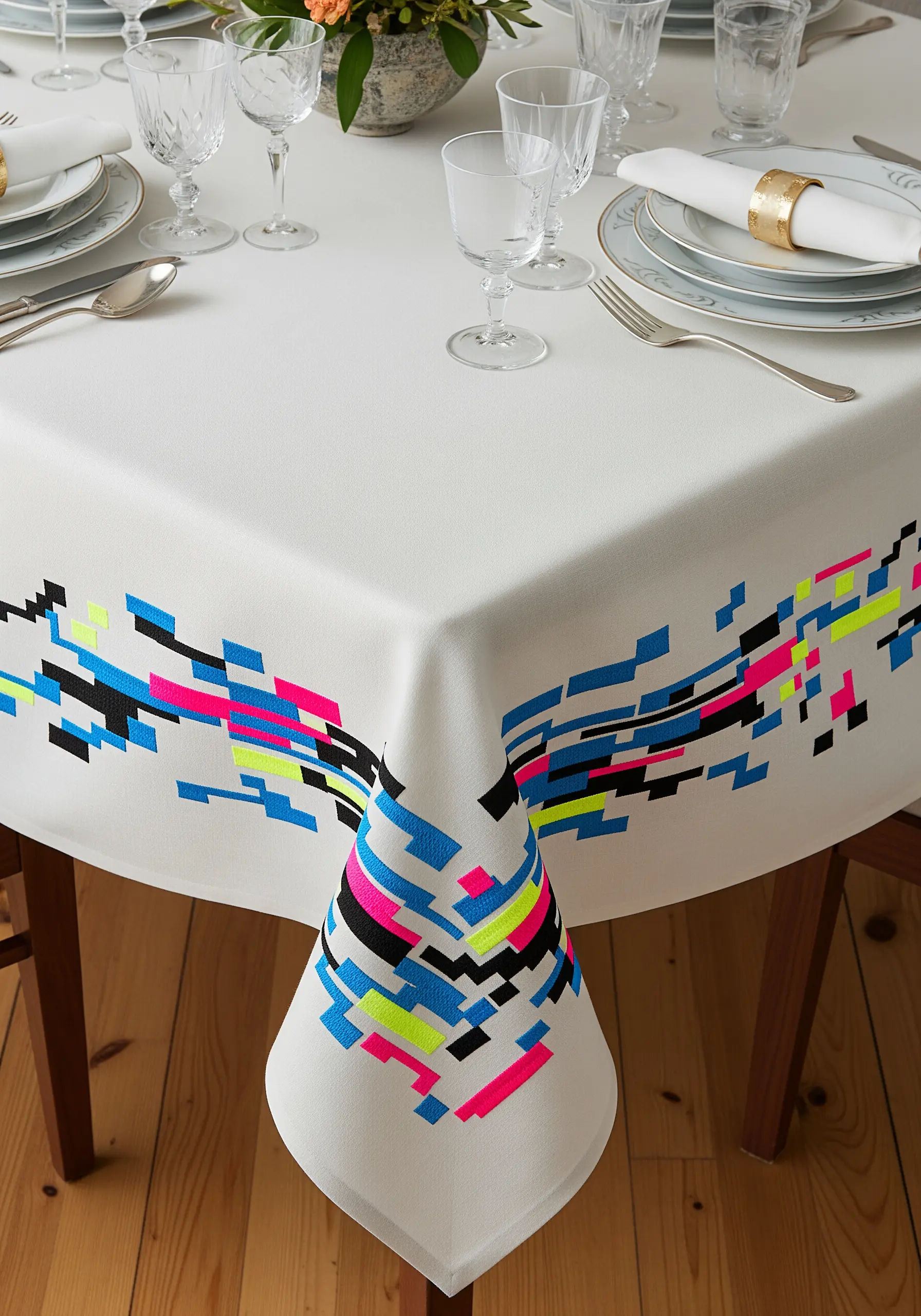 Tablecloth corner with a pixelated, glitch-art embroidery pattern in neon colors
