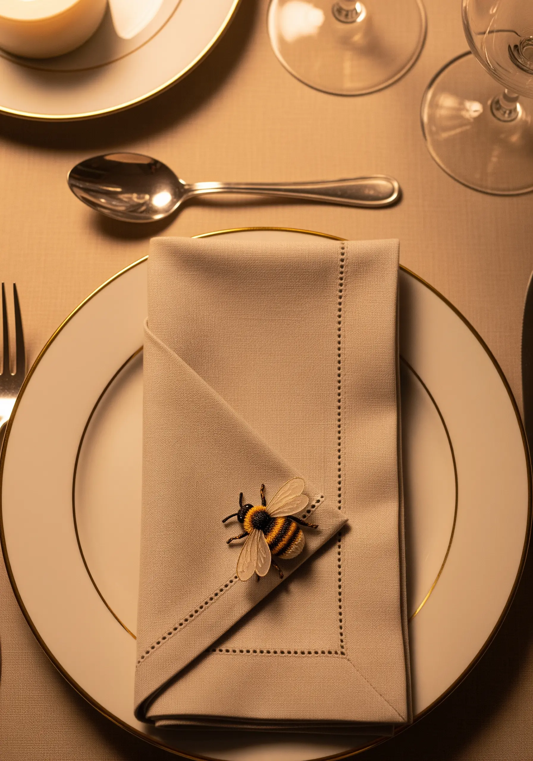 A three-dimensional embroidered bee with delicate wings resting on a folded linen napkin.