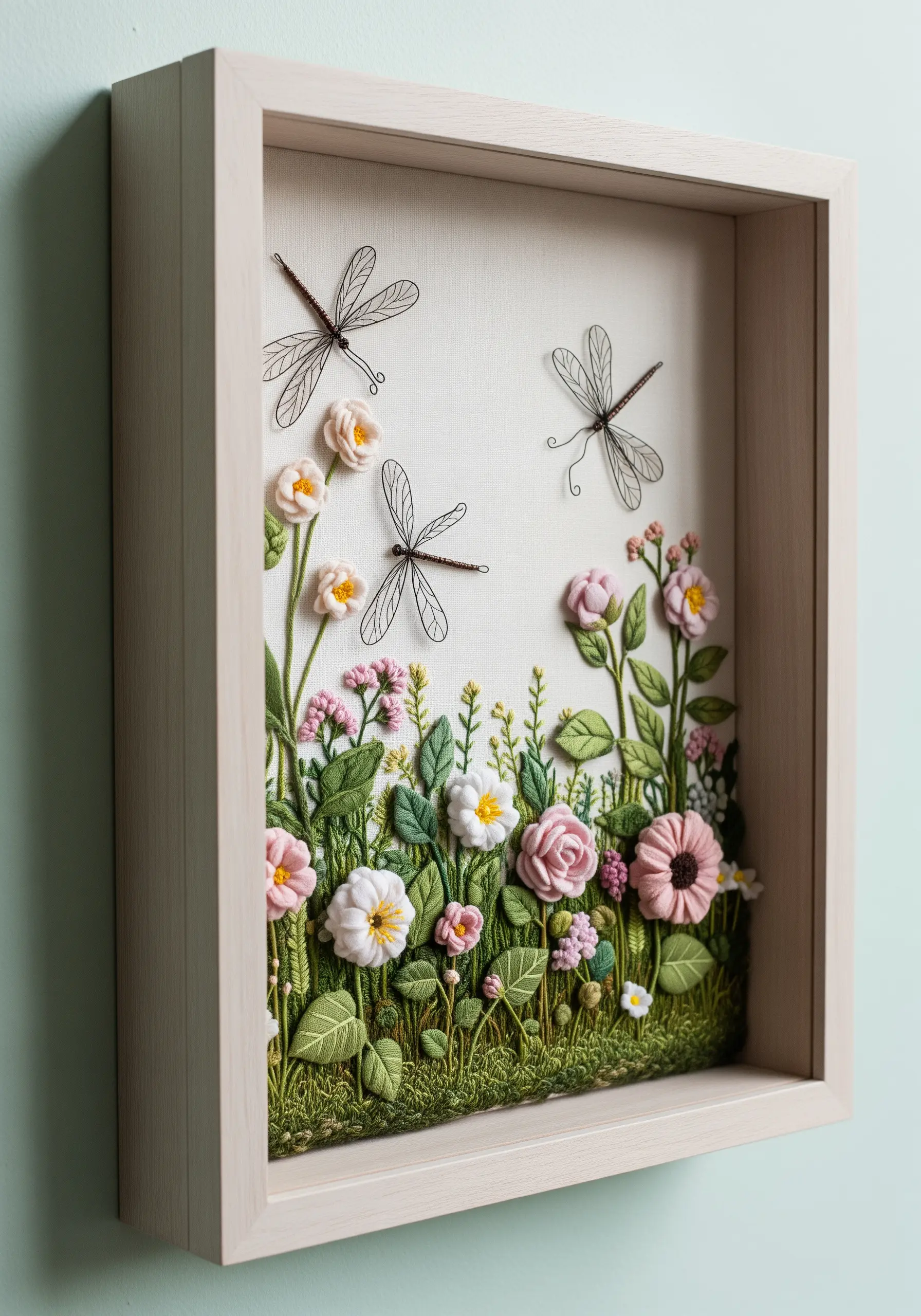A 3D floral embroidery scene with stumpwork flowers and dragonflies inside a shadowbox frame.