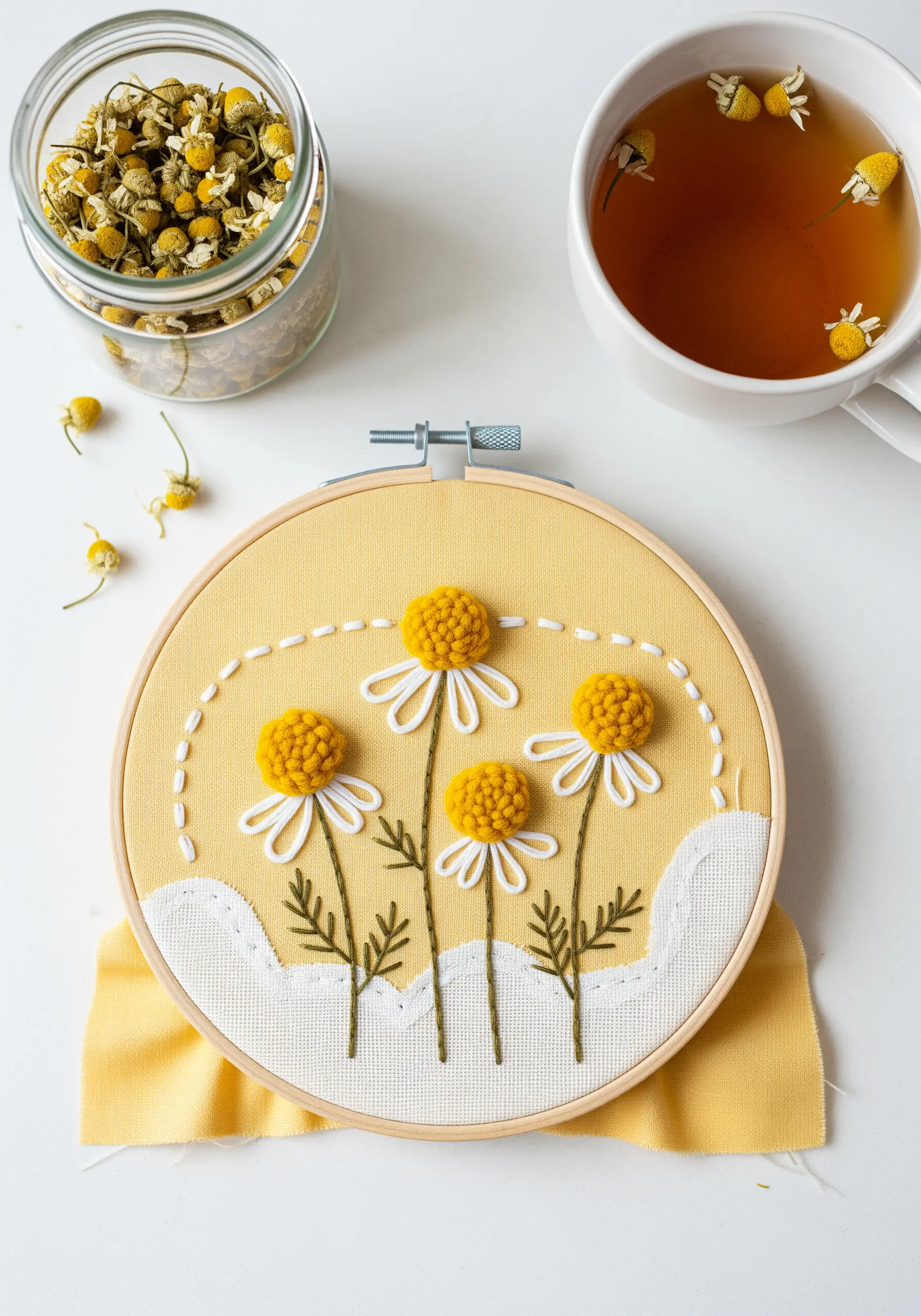 Embroidery of chamomile flowers with 3D woven wheel centers and outlined petals.