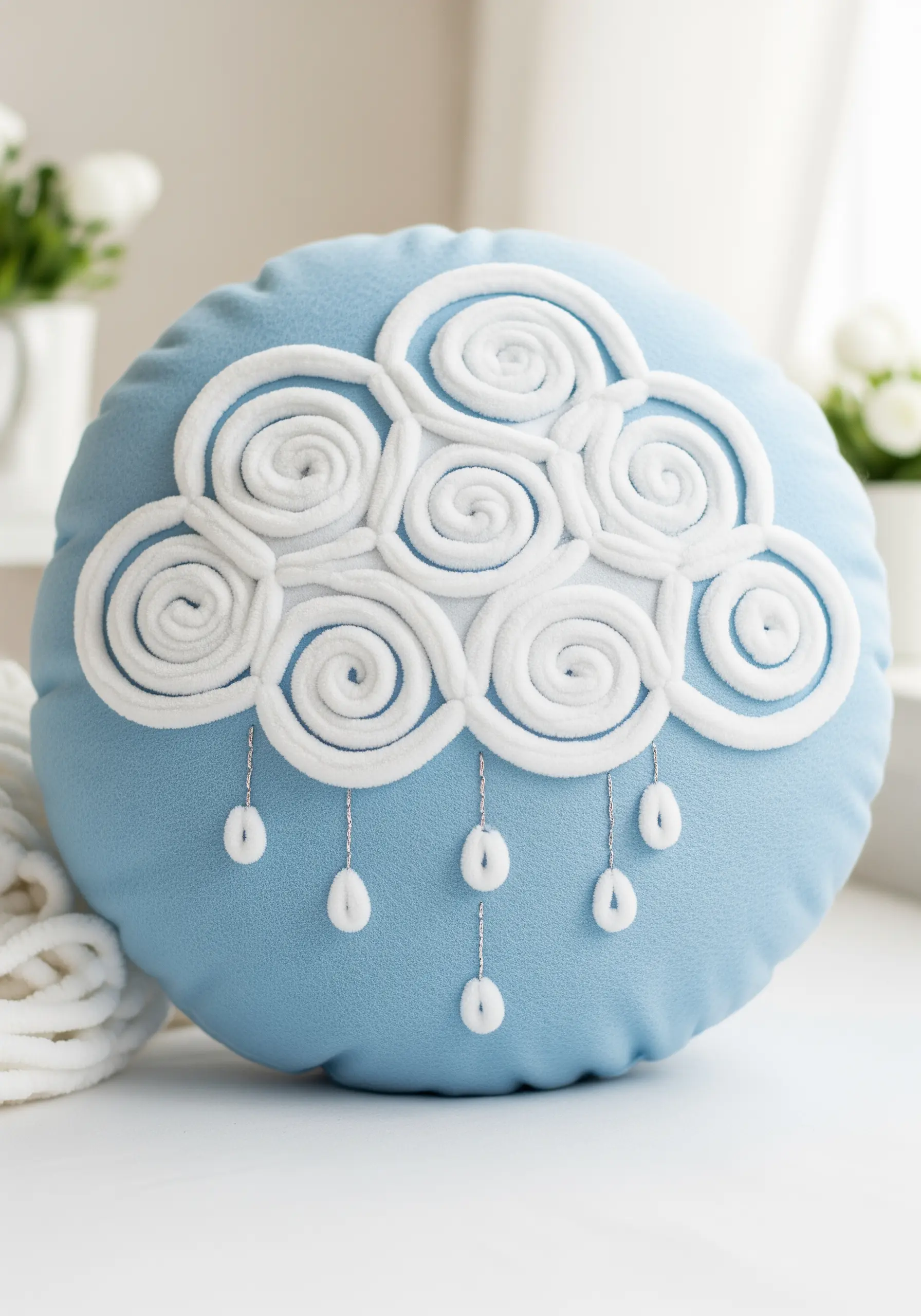 A plush, 3D cloud made from coiled white roving on a blue pillow, with beaded raindrops.