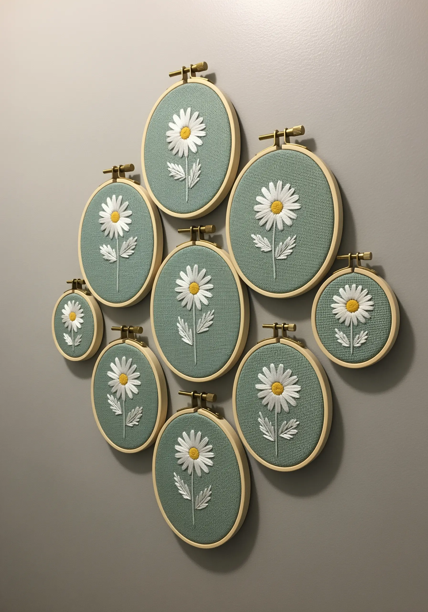 A collection of embroidery hoops with white daisies; the petals are raised with padded satin stitch.
