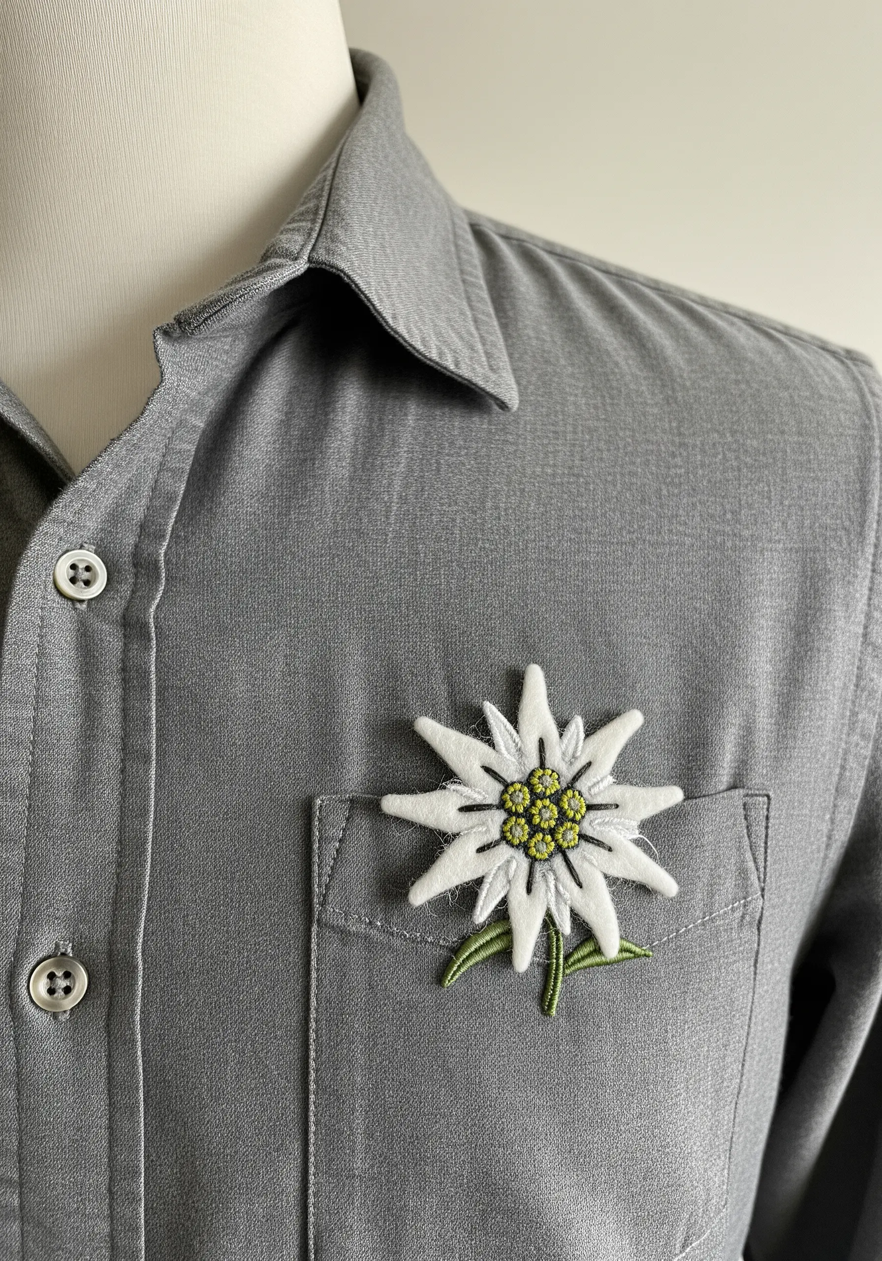 A 3D edelweiss flower with felt petals embroidered on the pocket of a grey shirt.