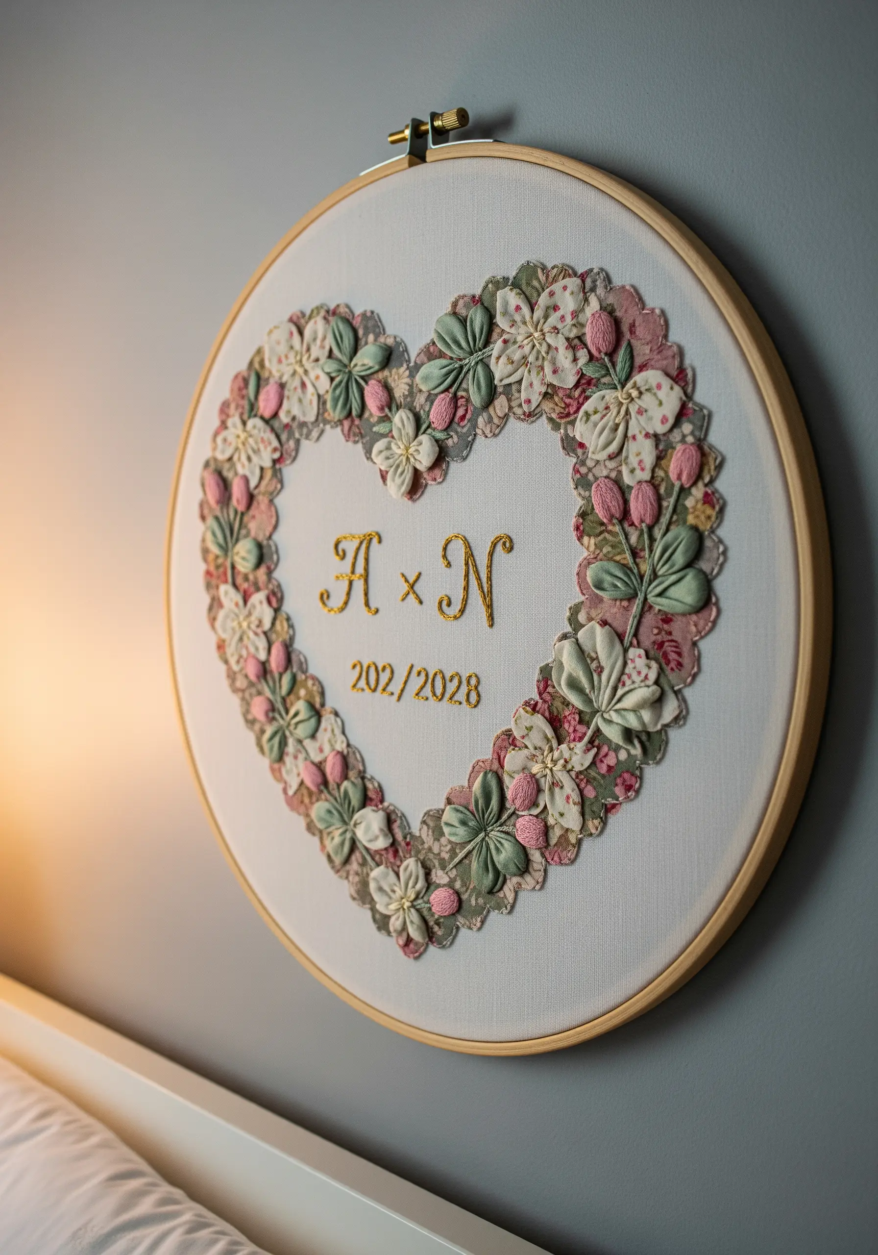 3D fabric flower collage in a heart shape with embroidered gold initials.