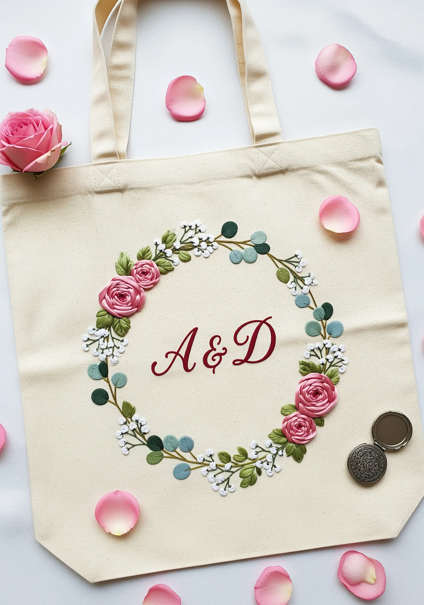 Embroidered floral wreath with pink ribbon roses, green leaves, and custom initials on a canvas tote.