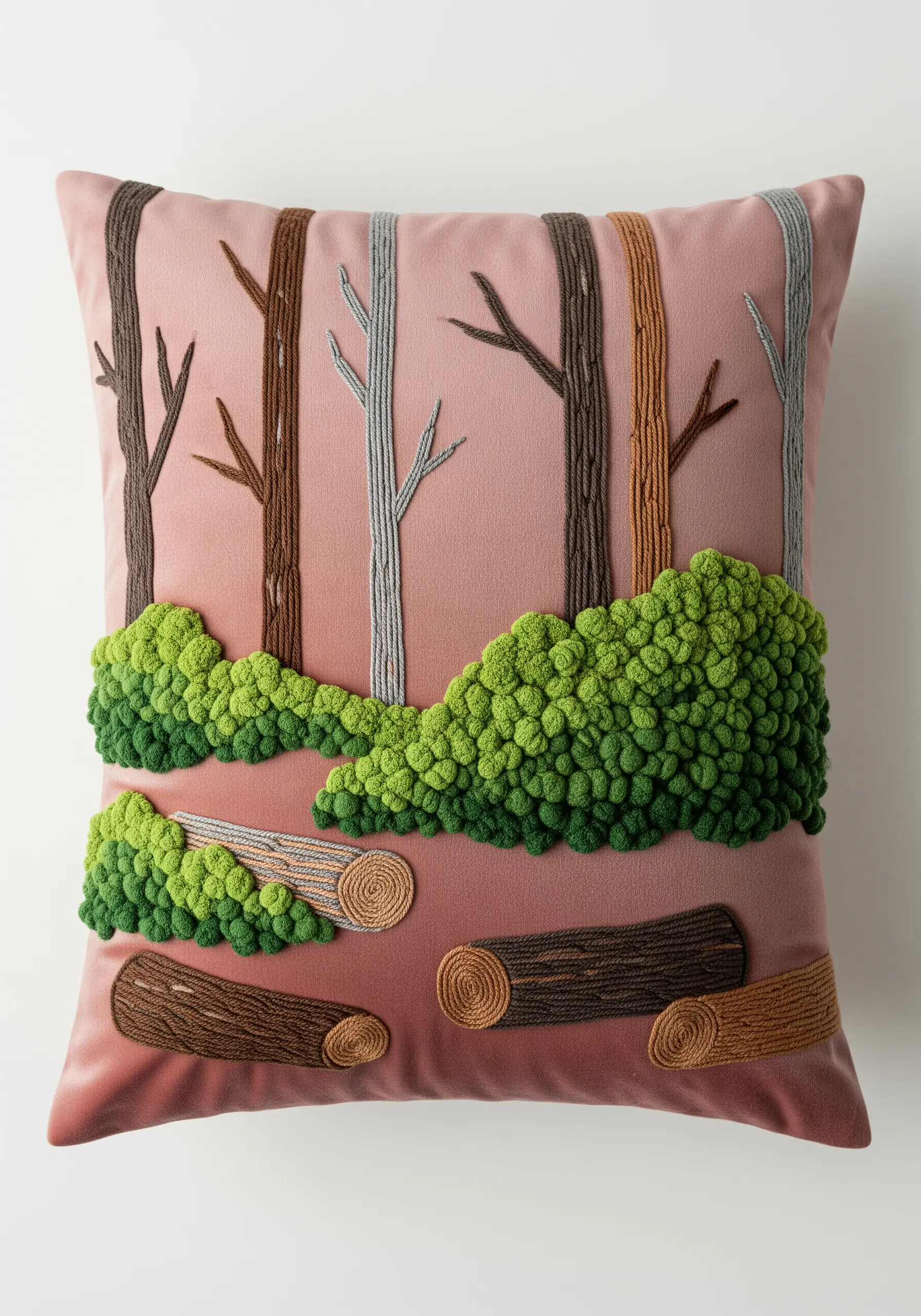 Embroidered forest scene on a pink pillow with 3D bushes made from French knots or loops.