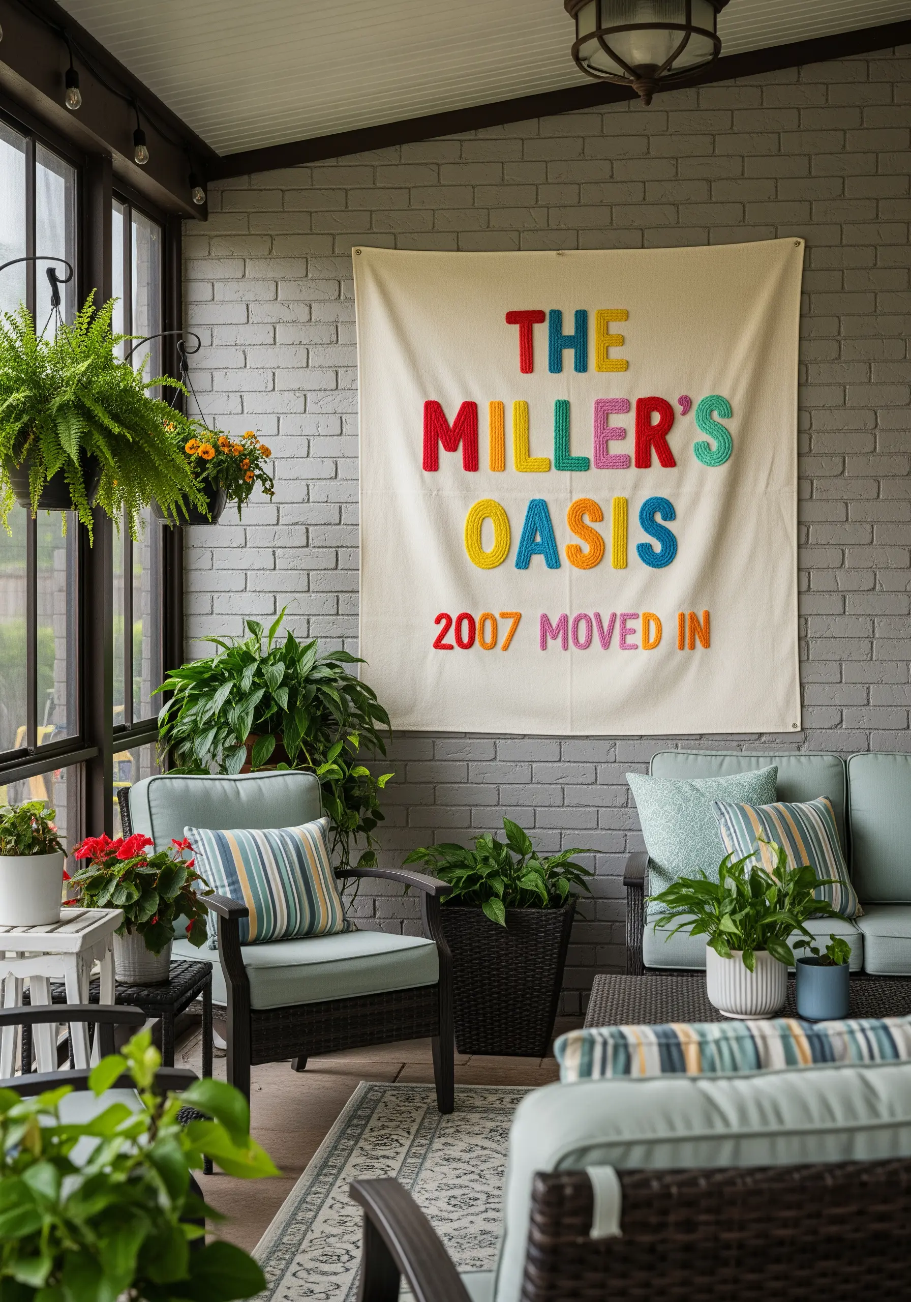 A large wall banner with a family name created with thick, colorful couched yarn.