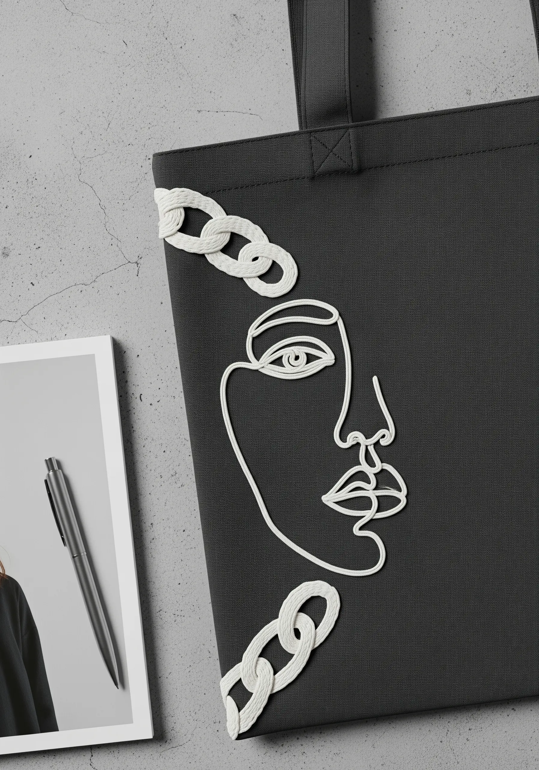 Raised white line art portrait and chain links on a black canvas tote bag.