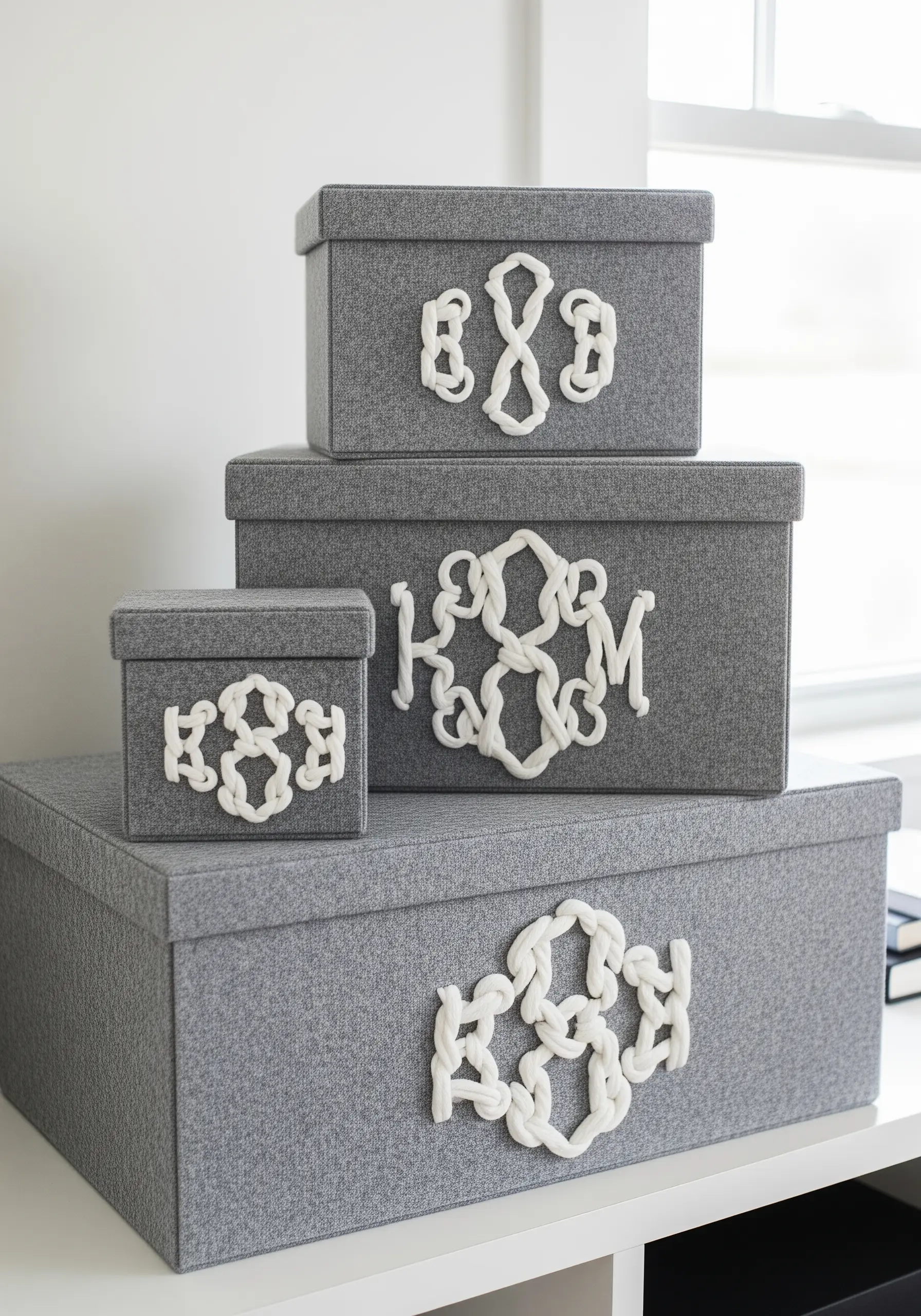 Grey fabric storage boxes with raised, white corded monograms applied to the front.