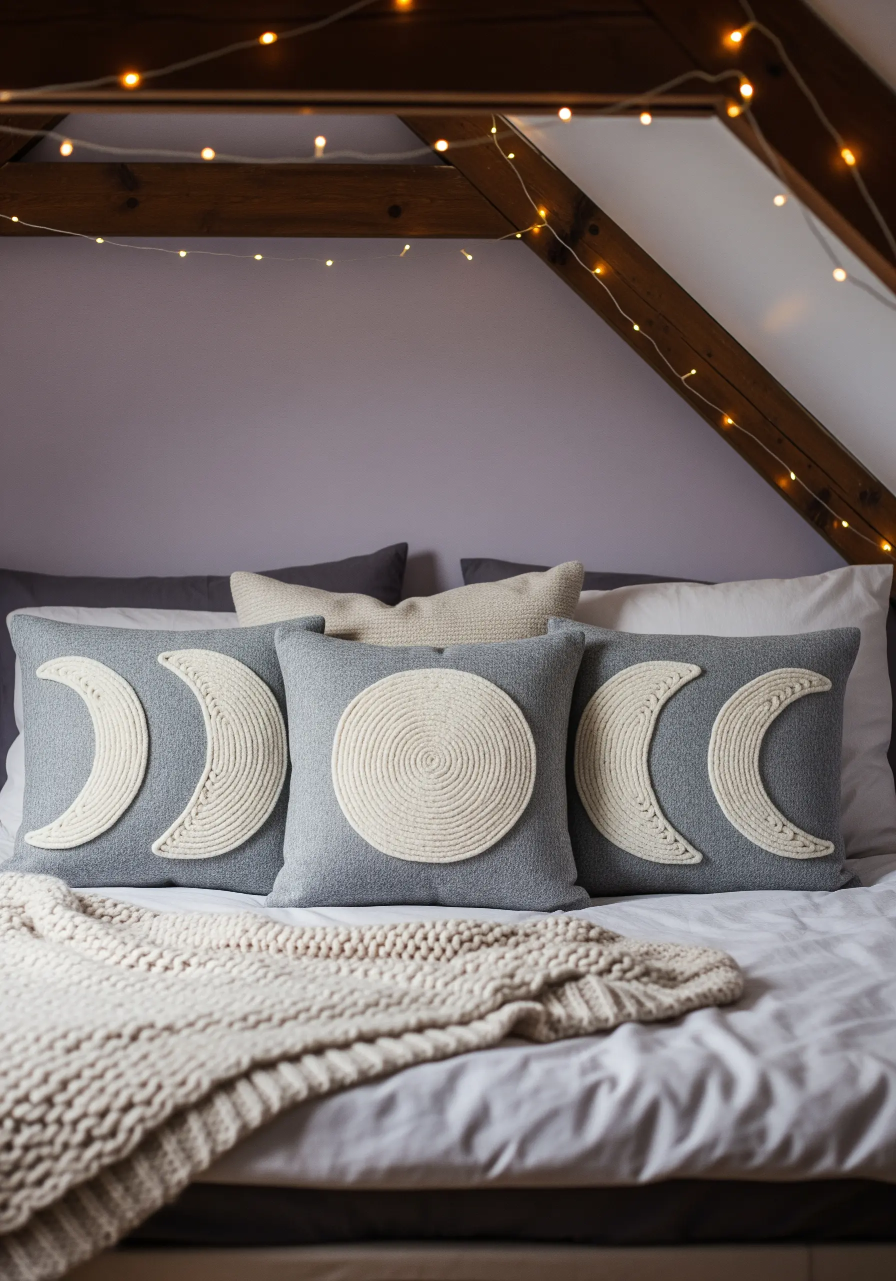 Textured moon phase pillows made with coiled white rope on grey fabric.