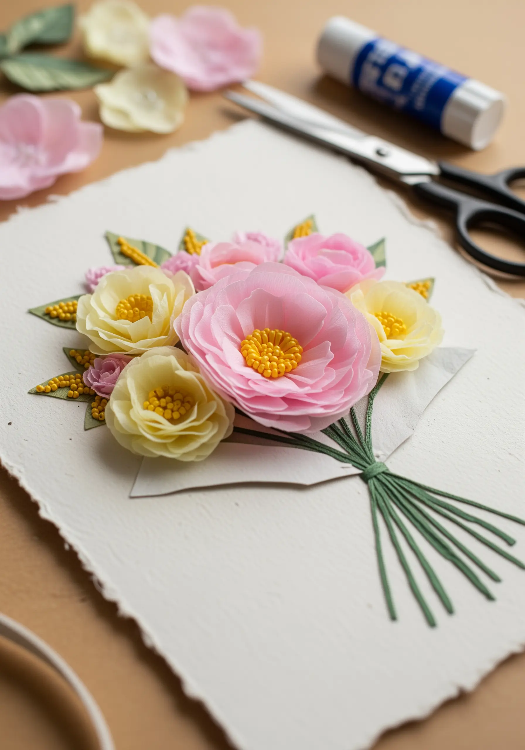 Paper flowers anchored with yellow French knot centers