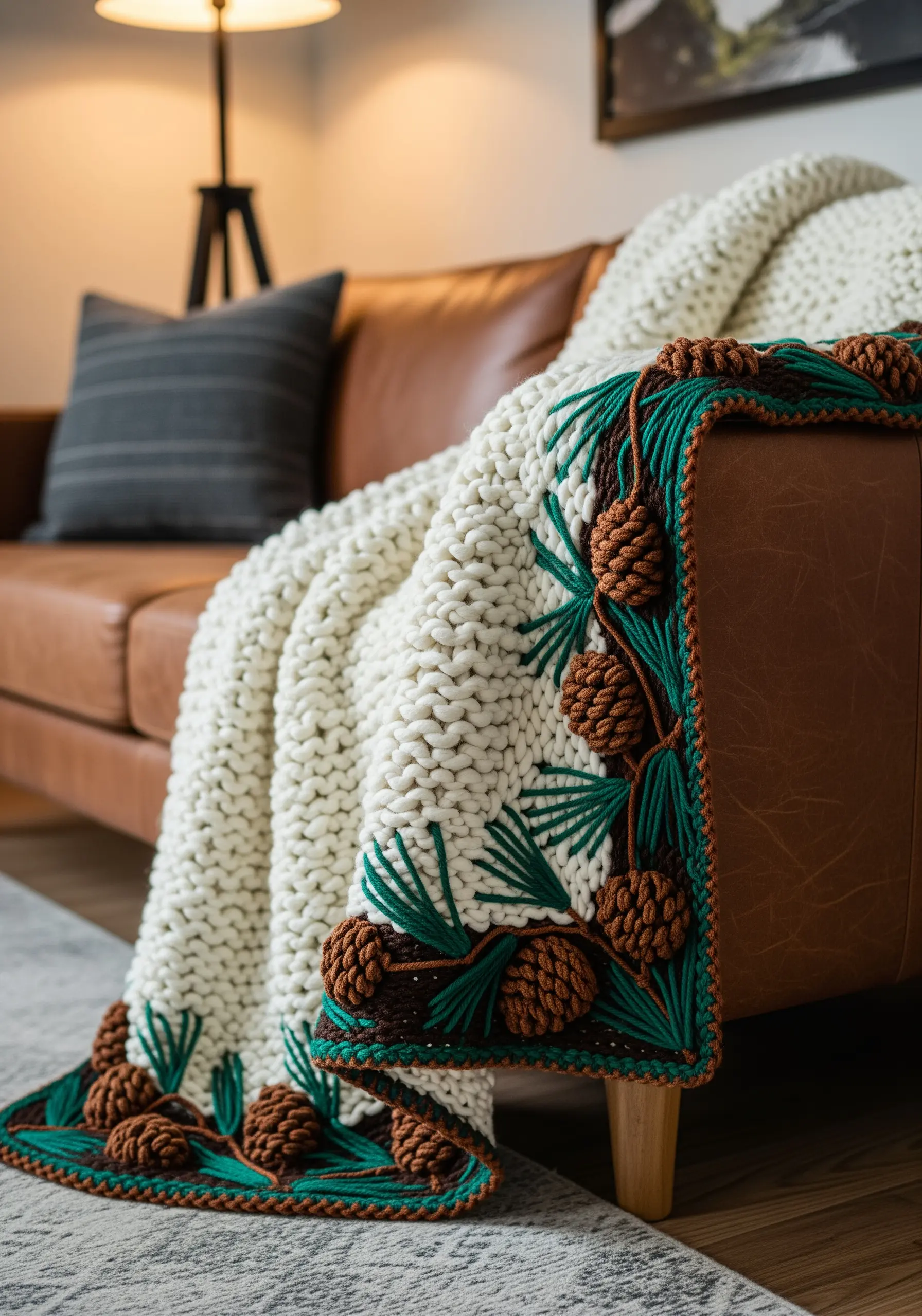 A thick knit blanket with an embroidered border of dimensional pinecones and green needles.