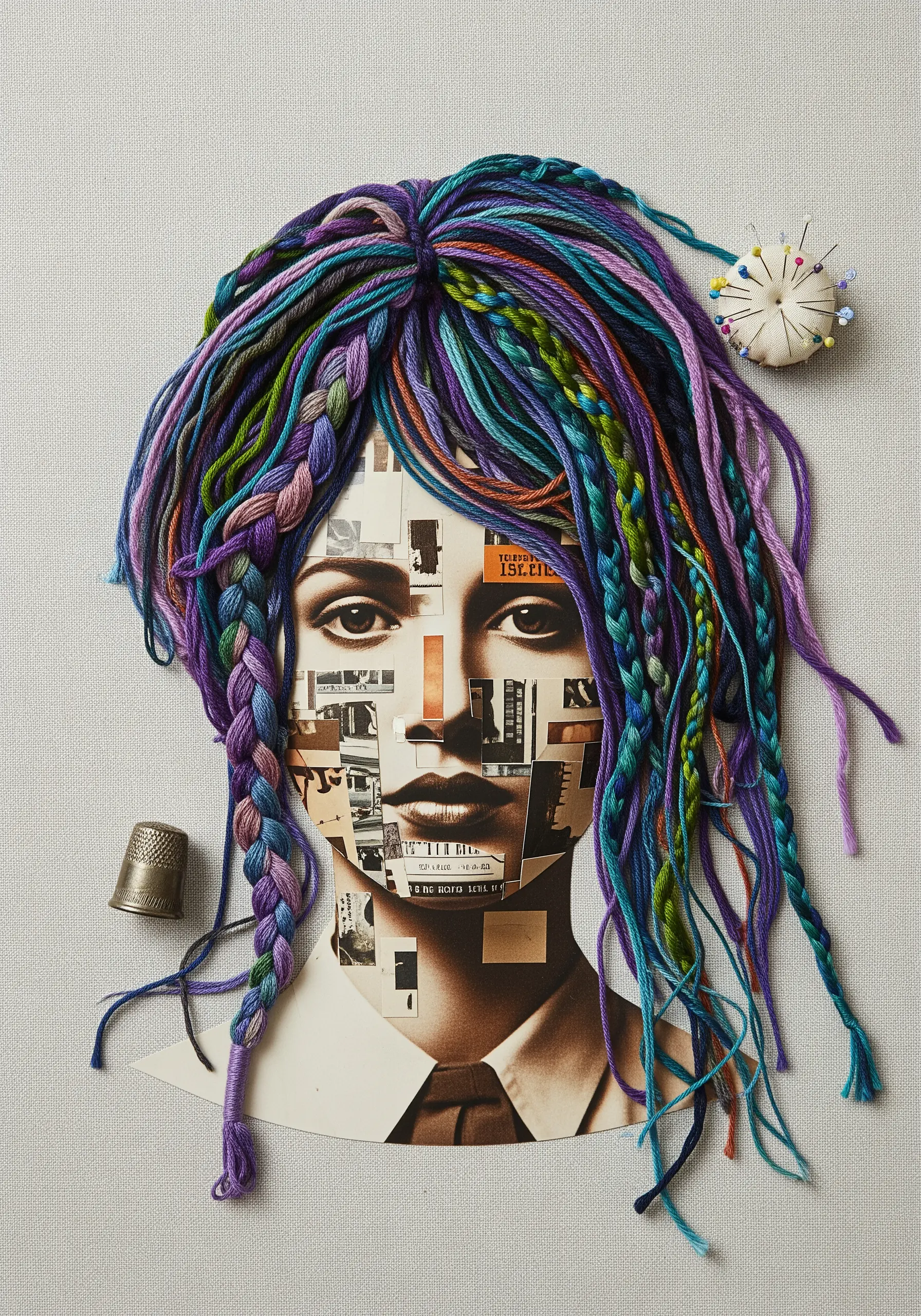 Paper collage portrait with textured, multi-colored yarn stitched on to create 3D hair.