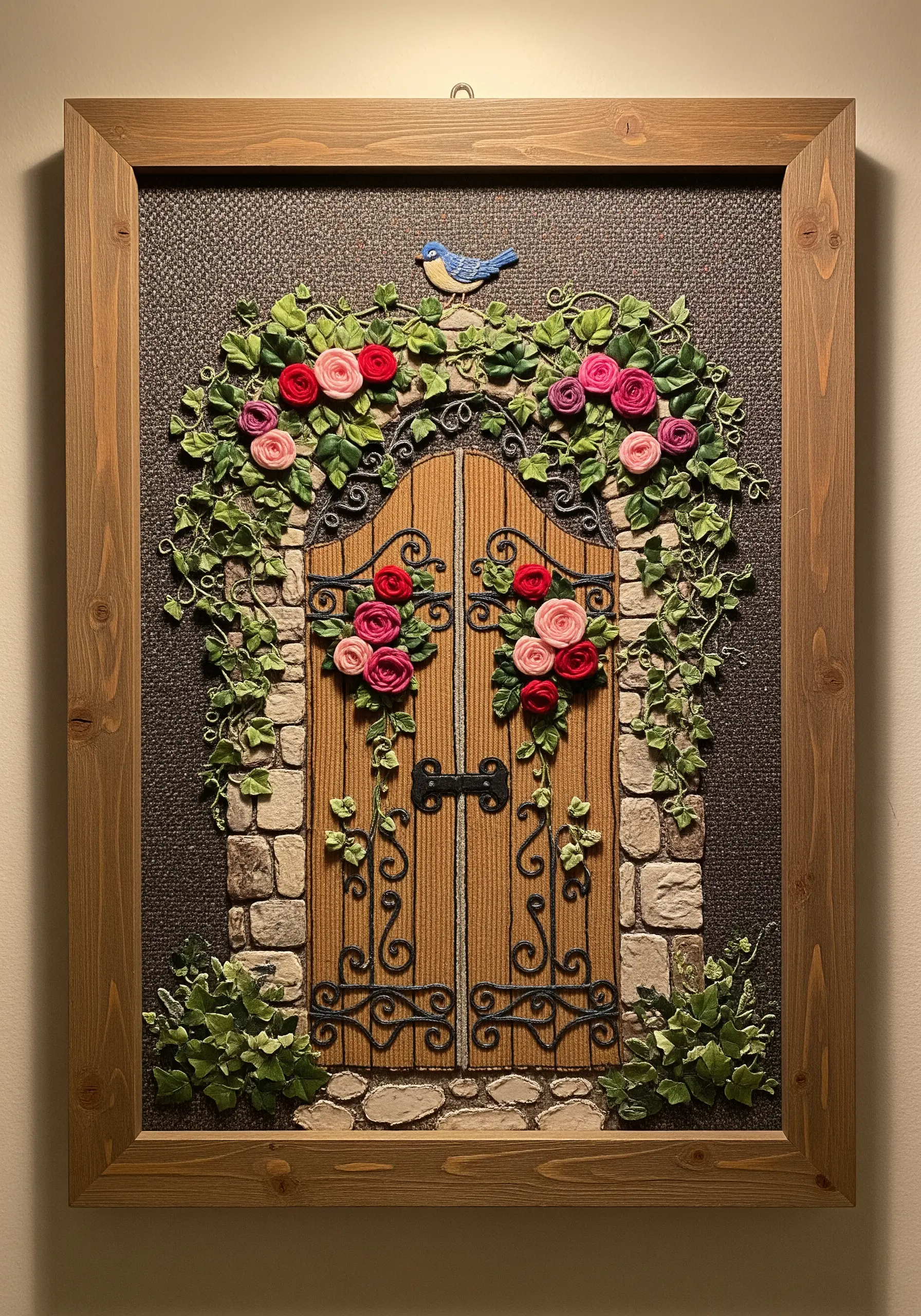 3D embroidered door with woven wheel roses and detached chain stitch ivy.