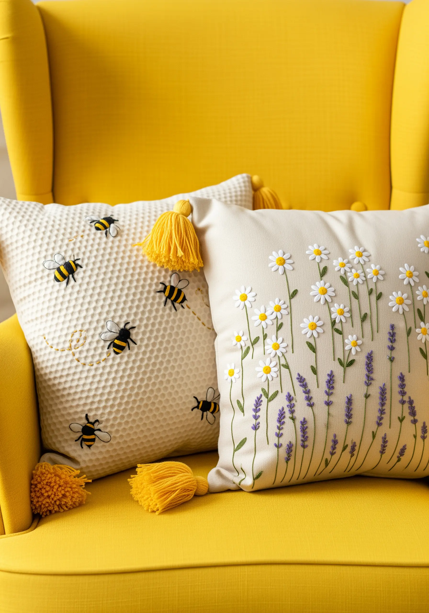 Bee embroidery on a textured honeycomb pillow and daisies on a smooth pillow with tassels.