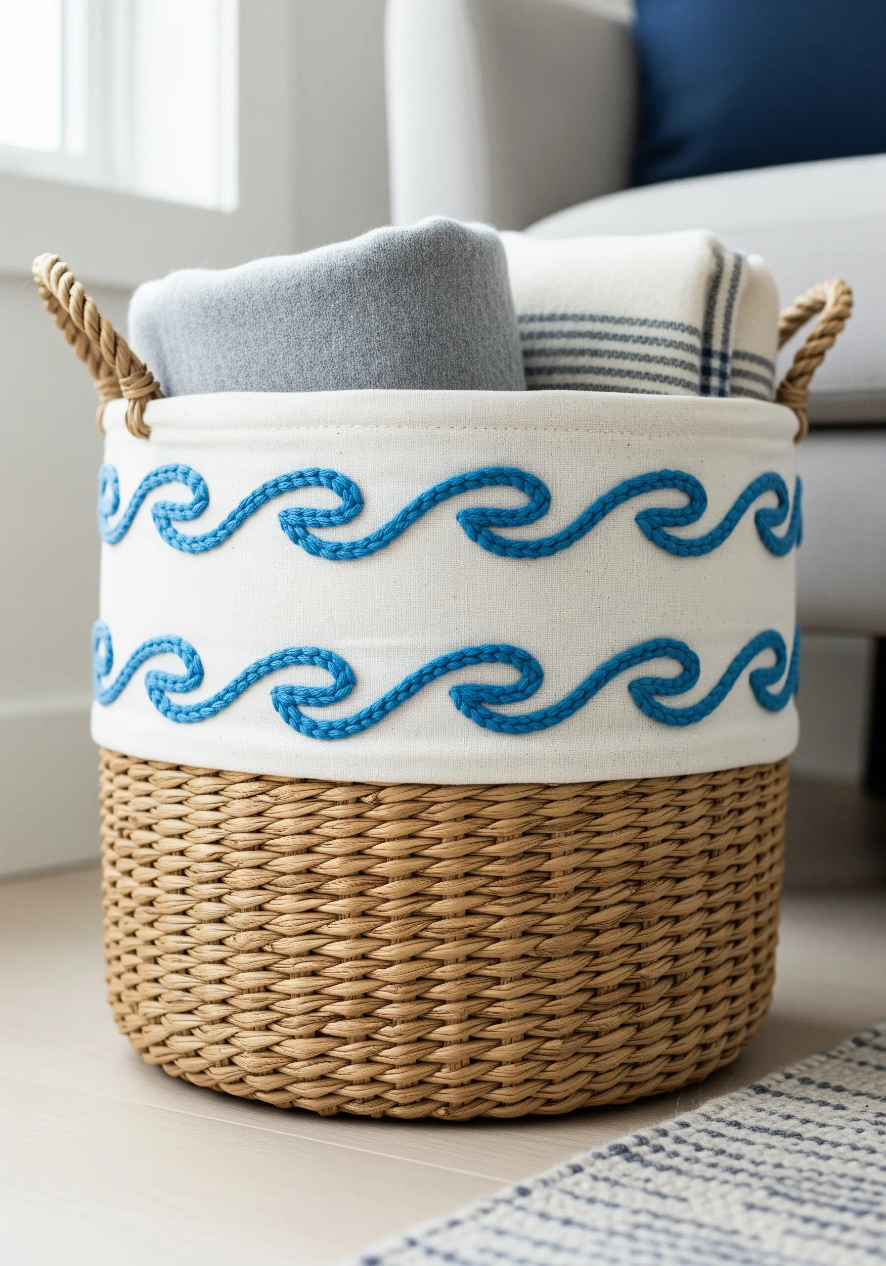 Blue dimensional wave pattern embroidered onto a canvas band around a wicker basket.