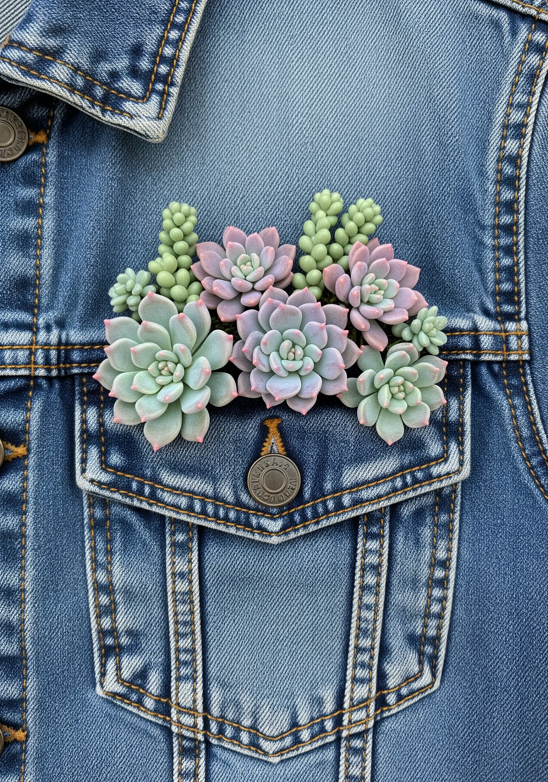 Embroidered succulents with 3D texture emerging from a denim jacket pocket.