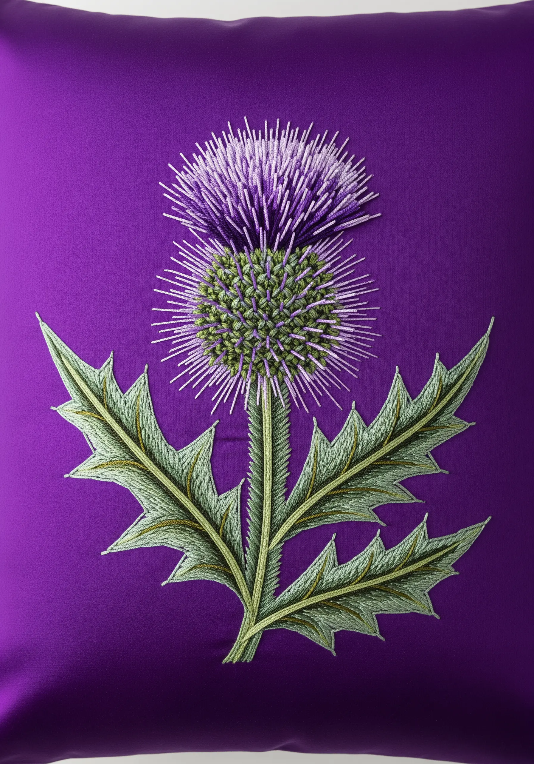 A realistic Scottish thistle embroidered on a purple cushion, featuring a textured flower head.