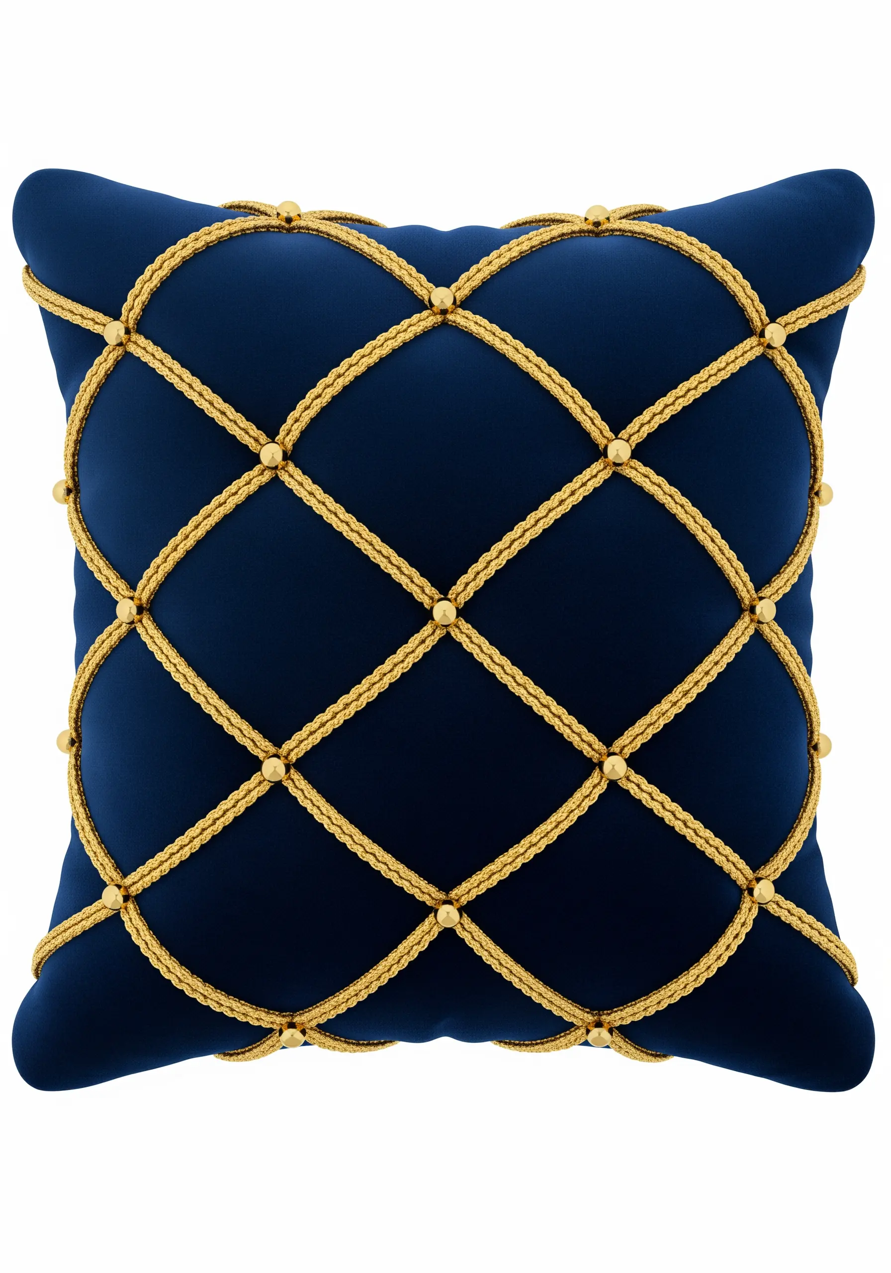 A lattice of couched gold cord with gold beads on a navy cushion.