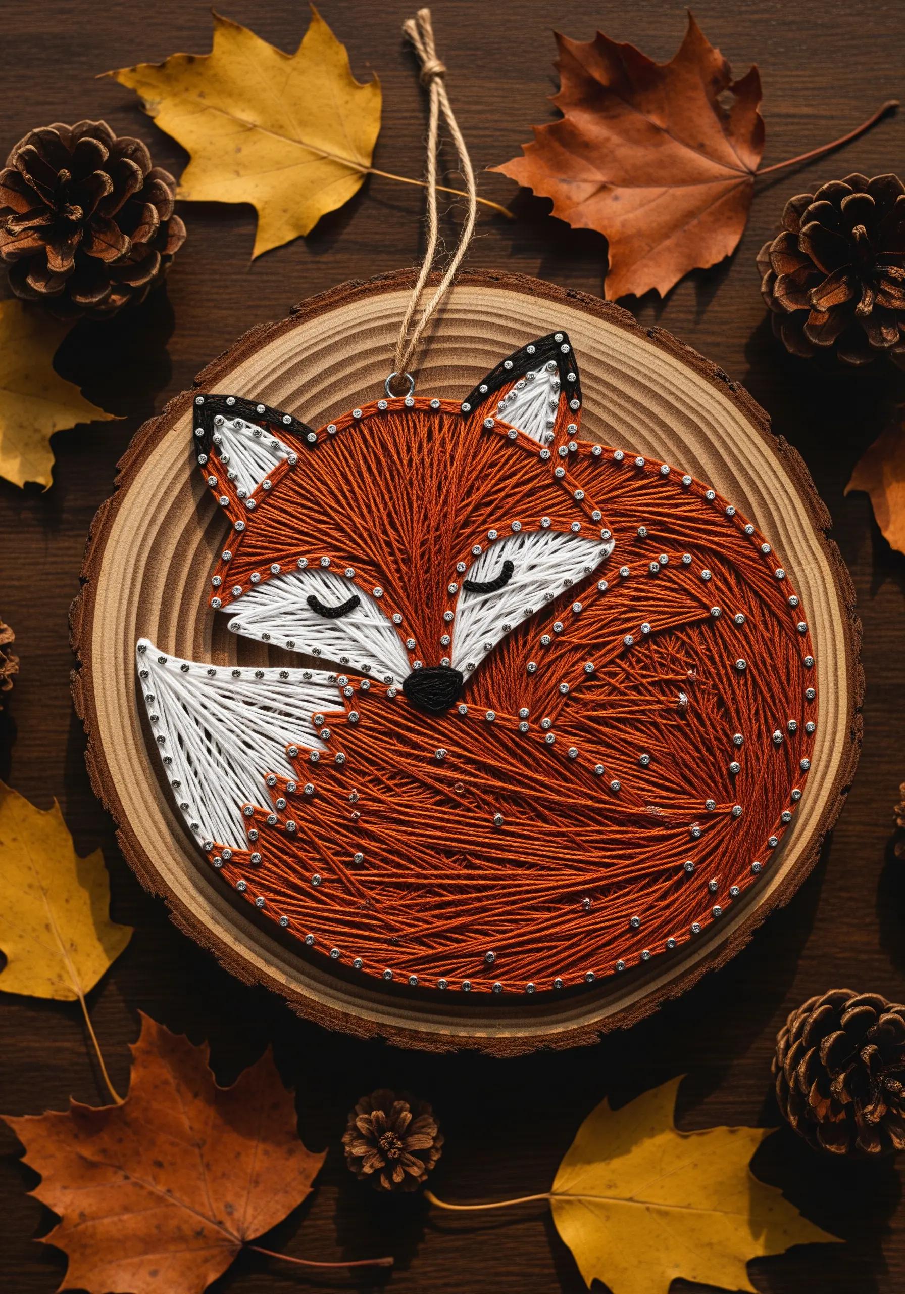 A string art sleeping fox with orange and white thread on a wood slice.