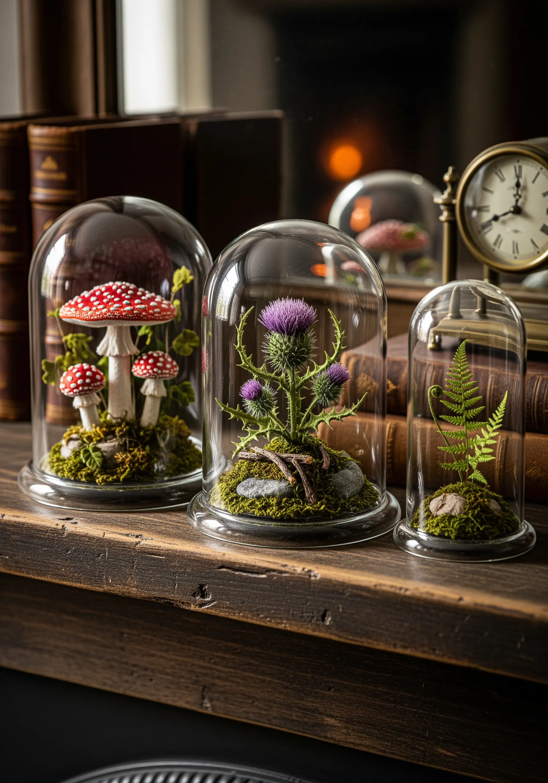 Three glass cloches displaying 3D embroidered mushrooms, thistle, and fern.