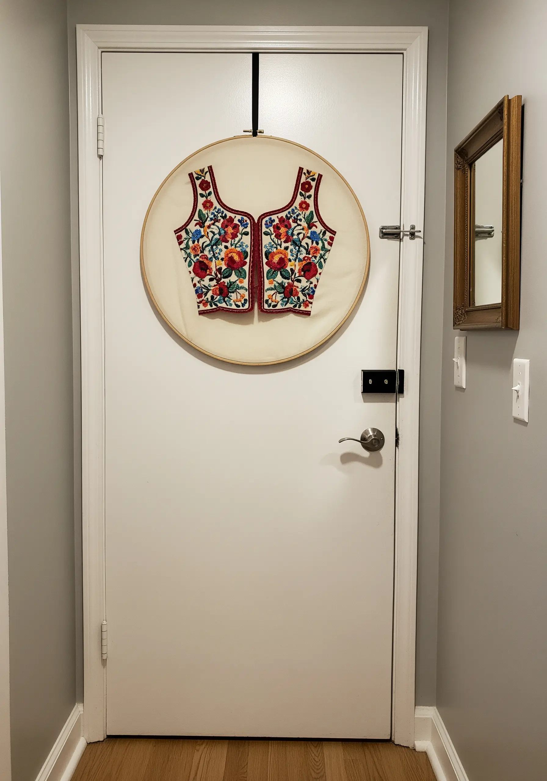 A richly embroidered floral vest stretched and displayed in a large hoop on a door.
