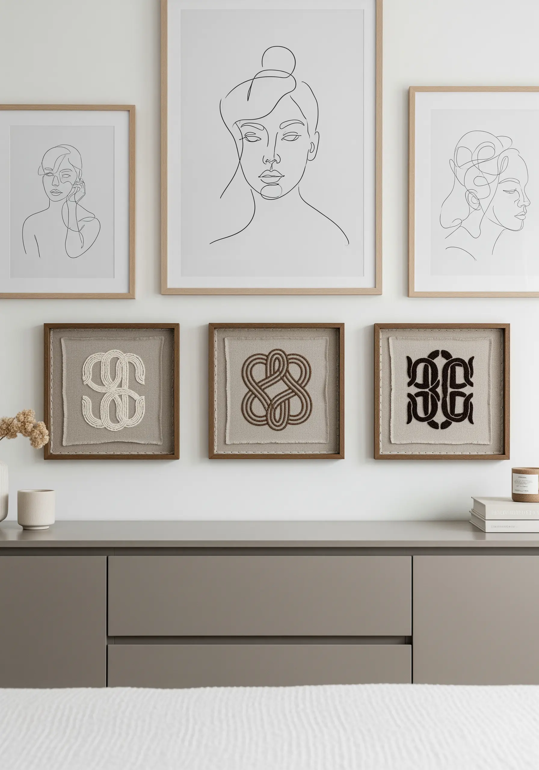 A set of three framed embroideries, each showing a different abstract monogram in a neutral color.