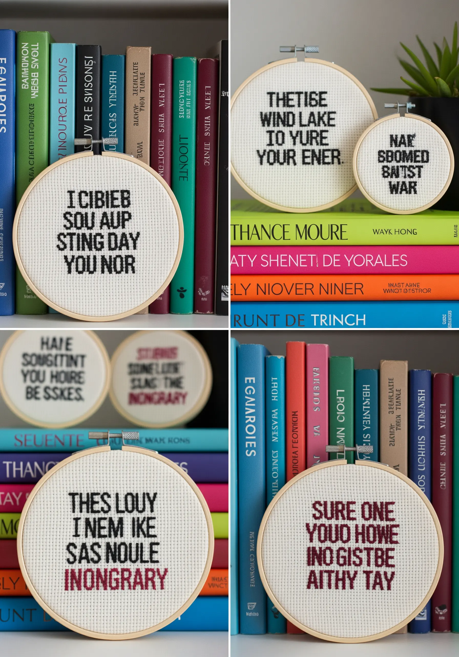 Four examples of cross-stitch quotes in small wooden hoops, displayed on bookshelves.