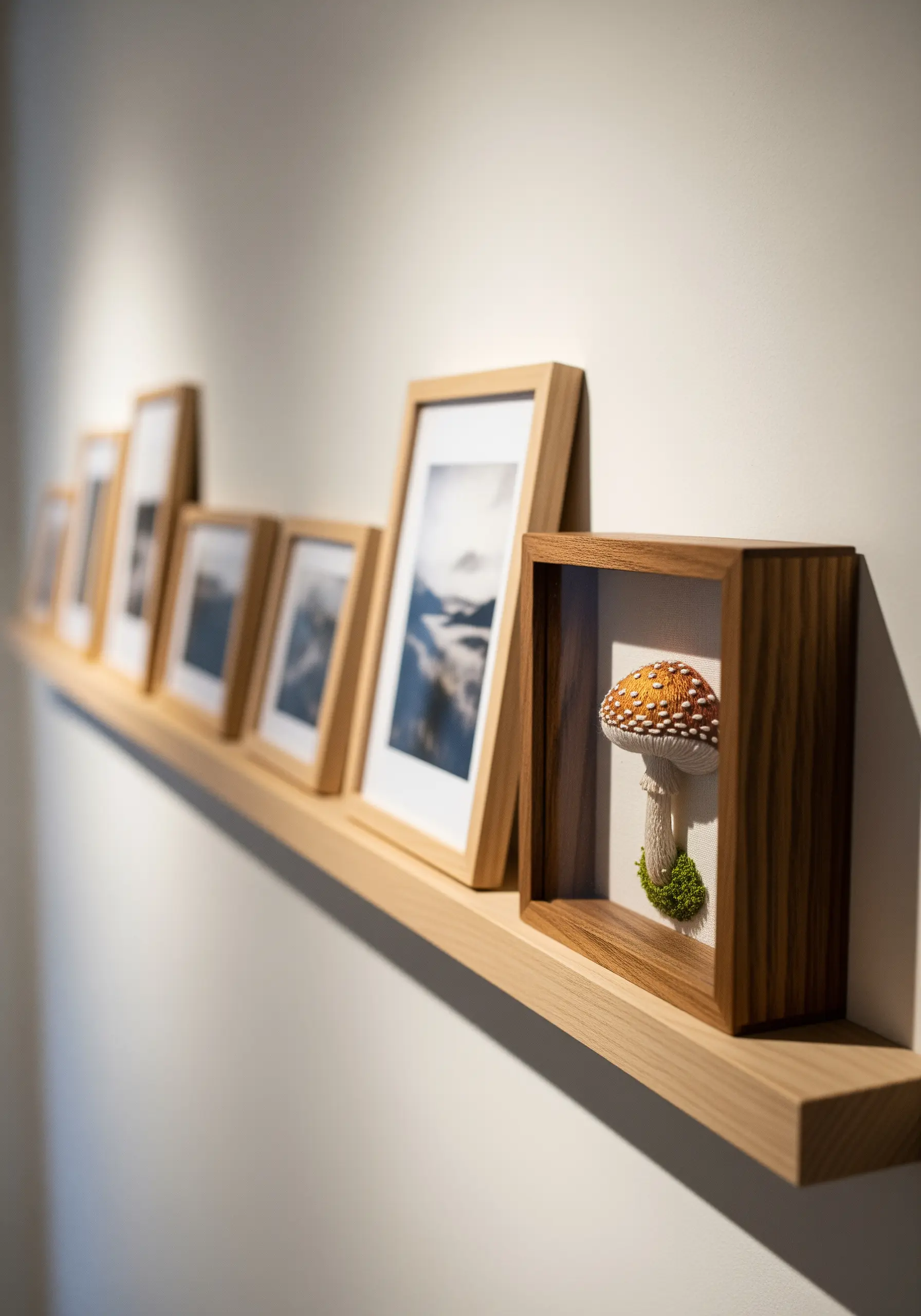 A dimensional, embroidered mushroom displayed in a deep wooden shadow box frame.