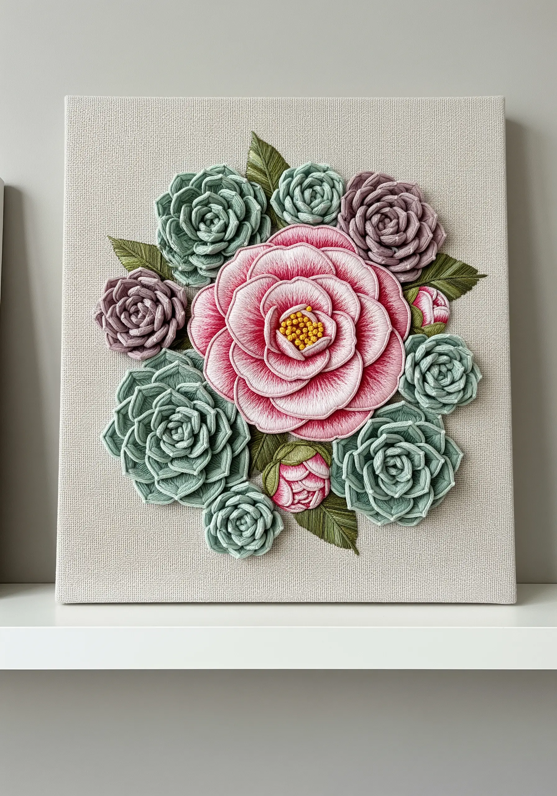 A dimensional embroidered arrangement of a pink camellia and succulents on a stretched canvas.
