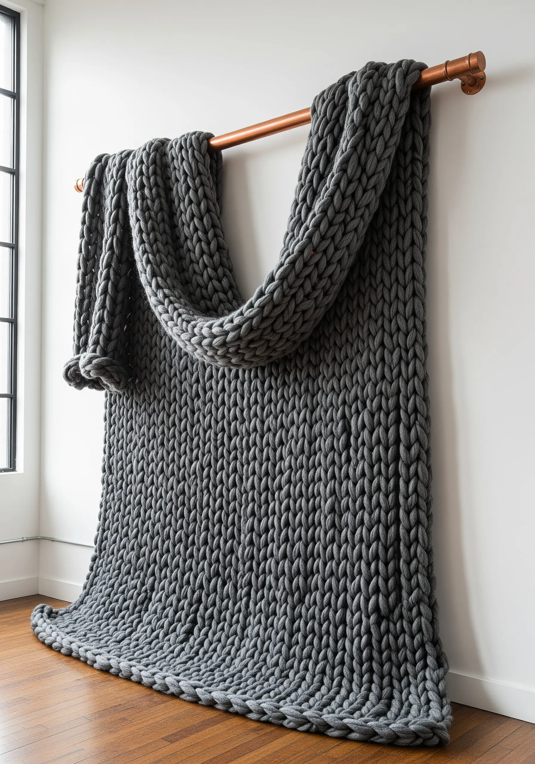 An oversized, chunky grey knit blanket draped over a copper rod as wall art.
