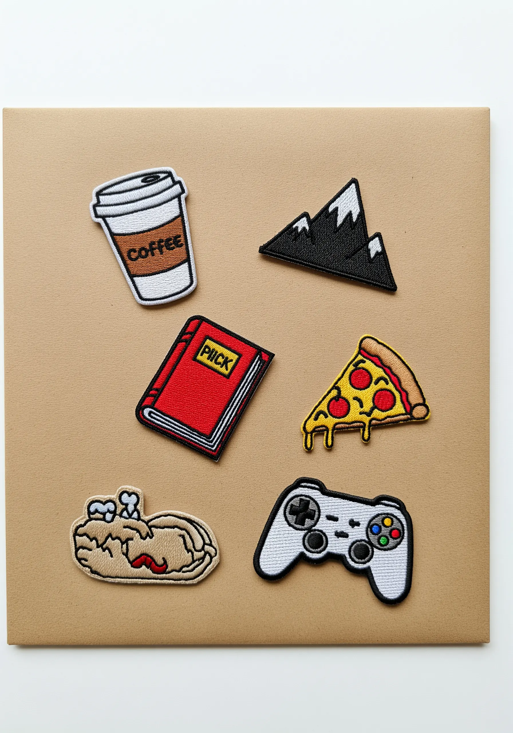 A collection of small, embroidered patches depicting items like coffee, a book, pizza, and a game controller.