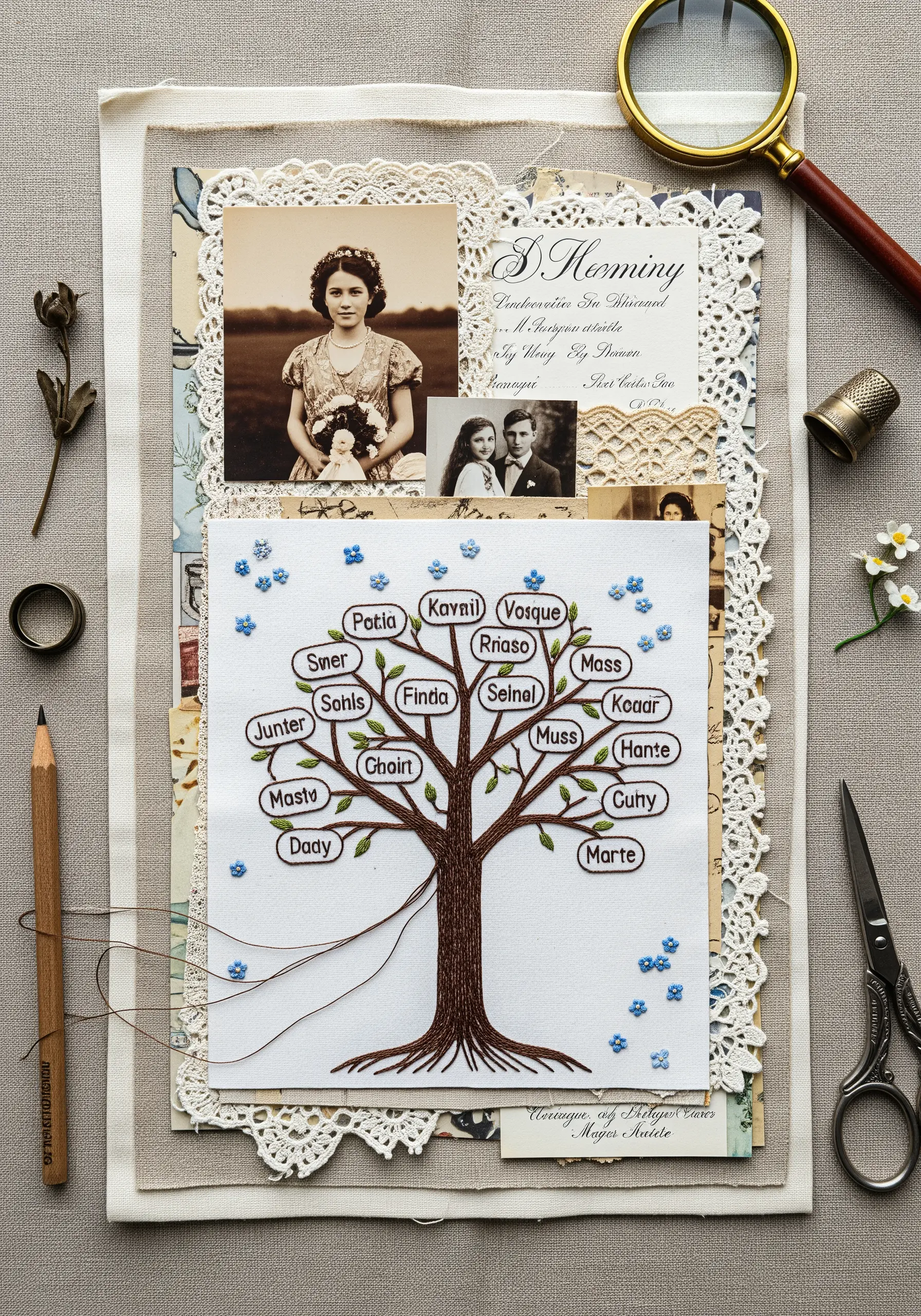 A family tree stitched on fabric, collaged with vintage photos, lace, and handwritten paper.