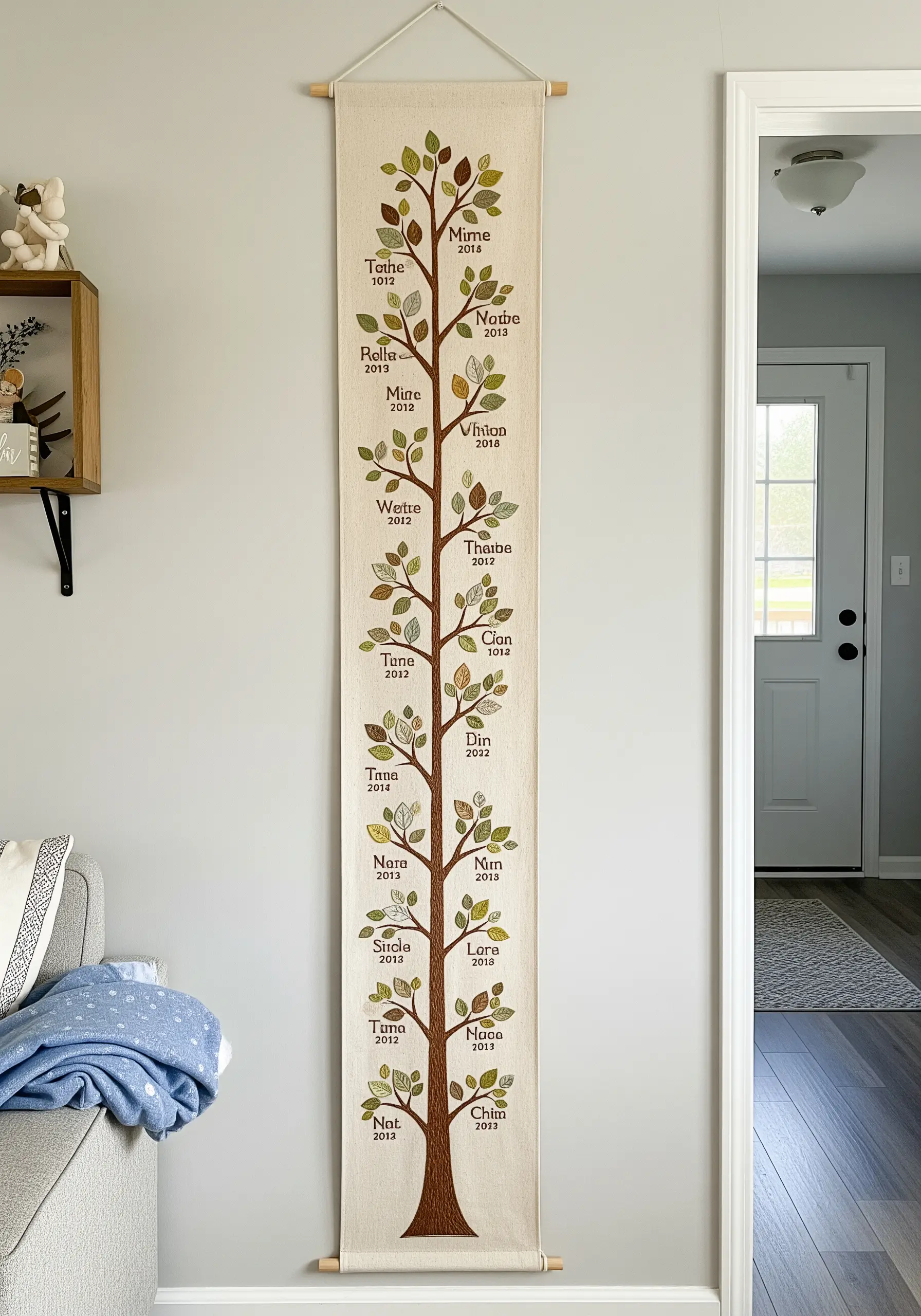 A long wall banner embroidered with a family tree, featuring names and dates on the leaves.
